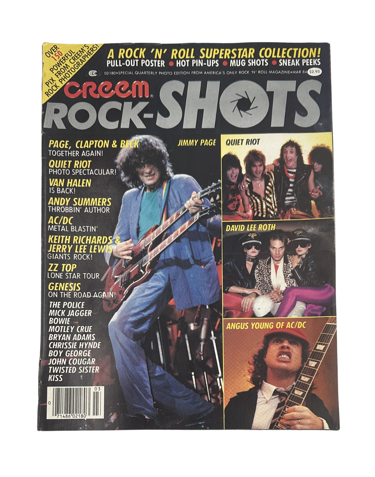 Creem Rock-Shots Magazine March 1984 featuring Jimmy Page, David Lee Roth, and Angus Young on the cover. The magazine includes a pull-out poster and content on notable musicians like Quiet Riot and Van Halen, showcasing iconic rock and roll moments.