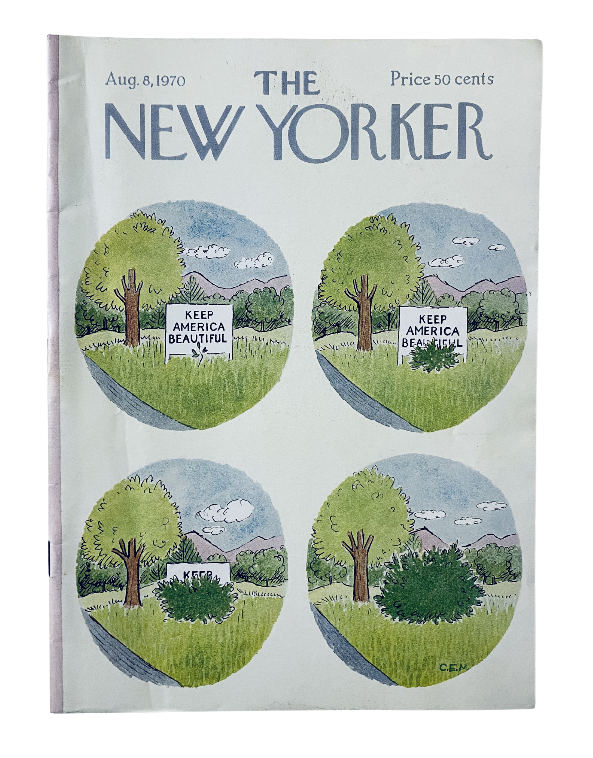 Cover of The New Yorker magazine from August 8, 1970, featuring a colorful illustration emphasizing the theme 'Keep America Beautiful' by Charles E. Martin. Highlights include four circular scenes representing nature and conservation.