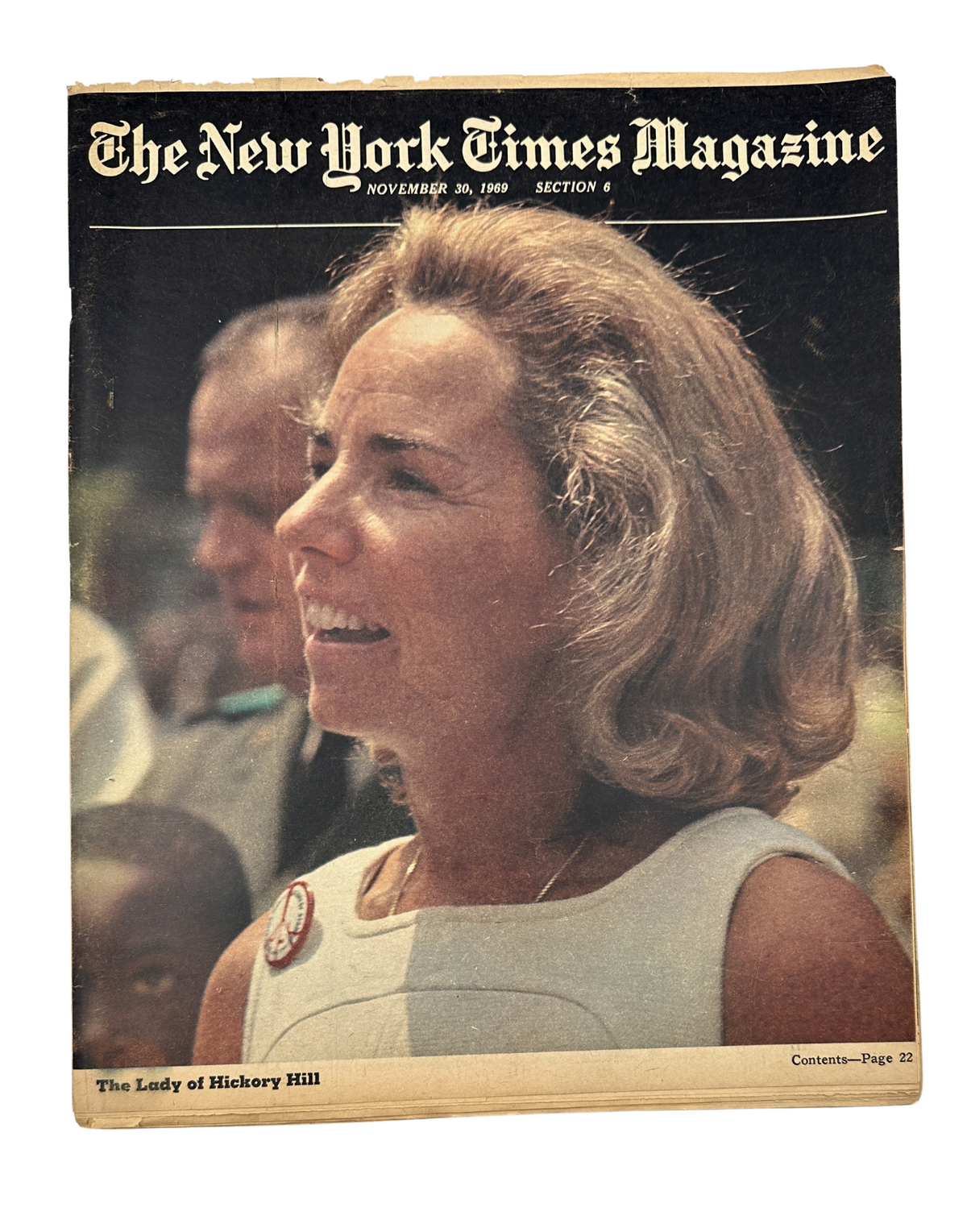 Cover of The New York Times Magazine from November 30, 1969, featuring Ethel Skakel Kennedy, associated with the 'The Lady of Hickory Hill' article, showcasing her at a memorial event.