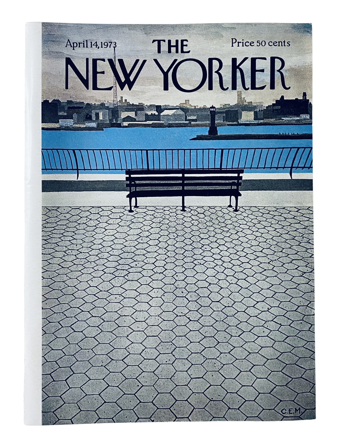 Cover of The New Yorker Magazine from April 14, 1973, featuring a waterfront bench illustration by Charles Martin. The scene showcases a serene waterside view with a bench in the foreground, set against a backdrop of buildings and the skyline.
