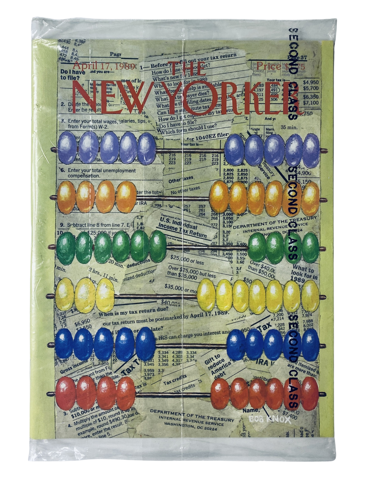 SEALED The New Yorker Magazine April 17, 1989 featuring a Tax Forms Abacus Cover by Bob Knox, preserved in original packaging.