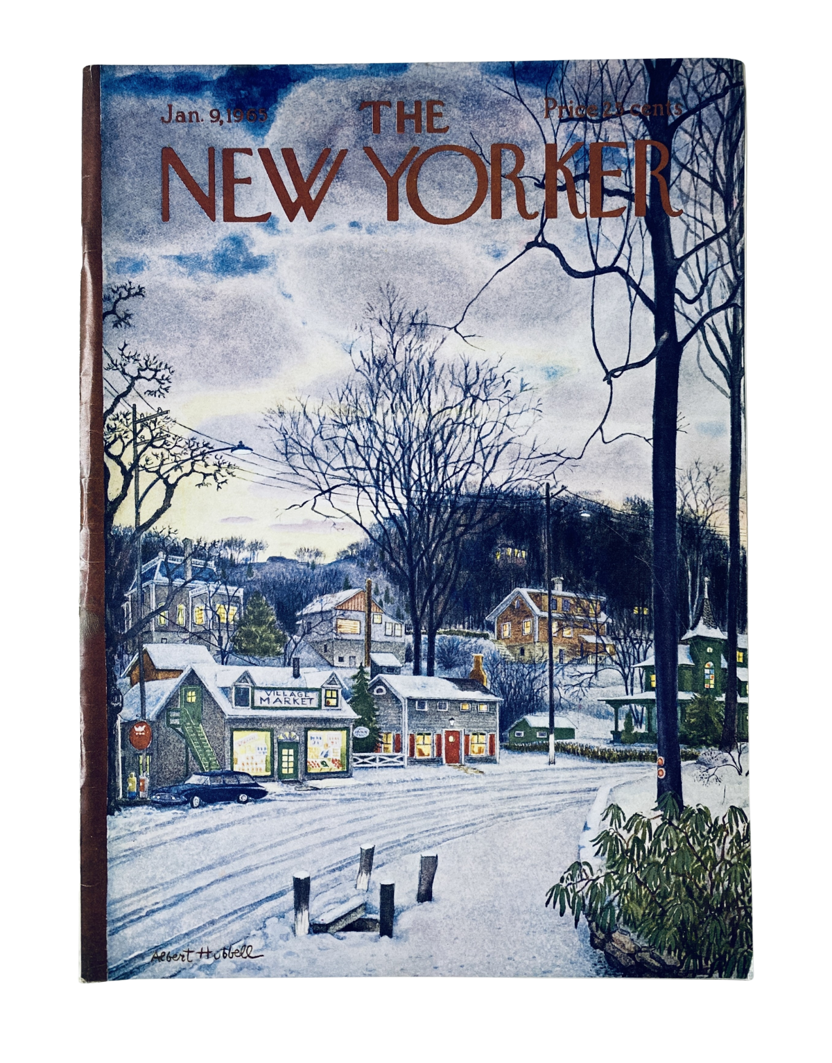 The New Yorker Magazine January 9, 1965 cover featuring a winter village scene with snow, illustrated by Albert Hubbell.