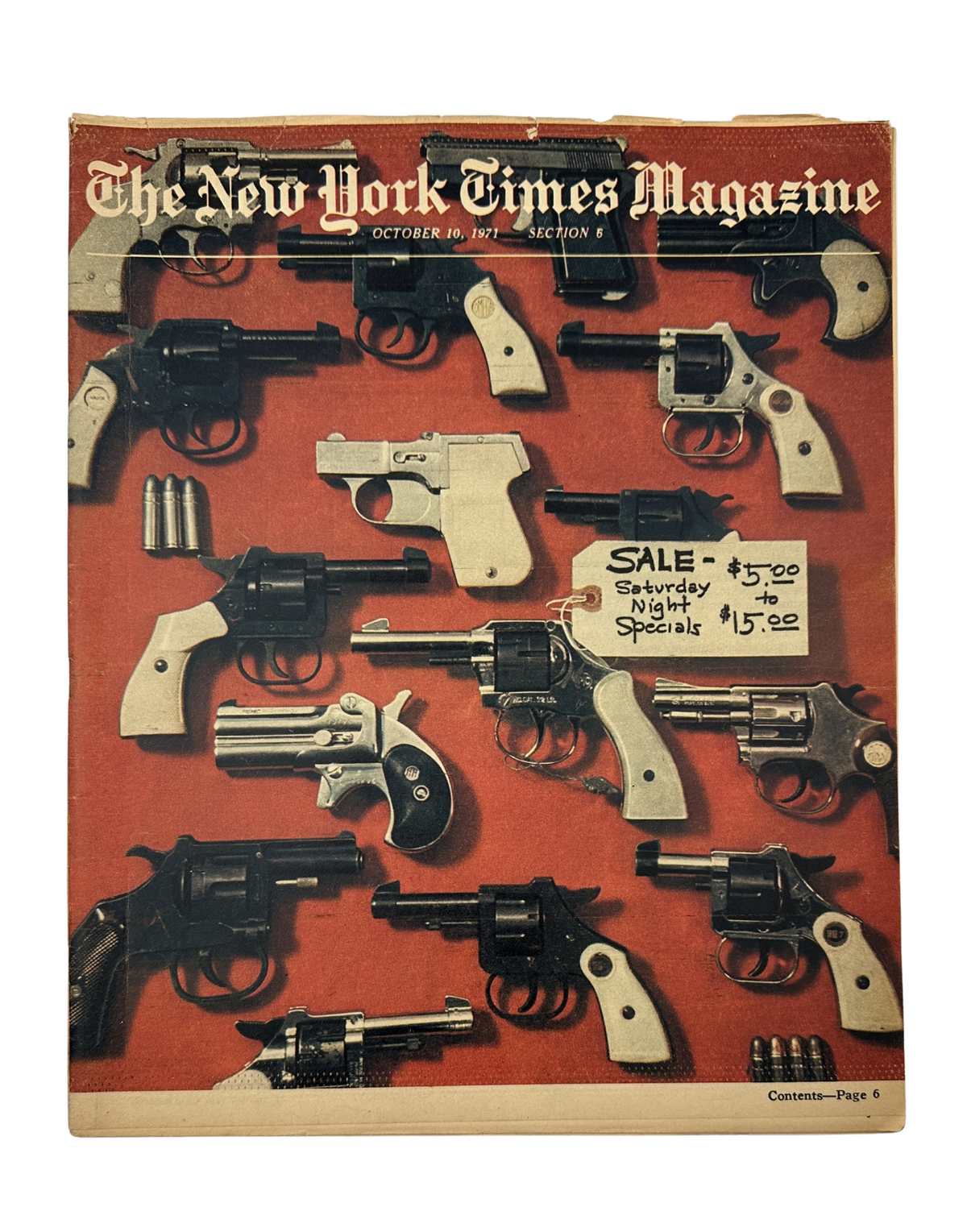 Cover of The New York Times Magazine October 10, 1971, featuring a display of handguns labeled as Saturday Night Specials for sale, highlighting gun control issues of the time.