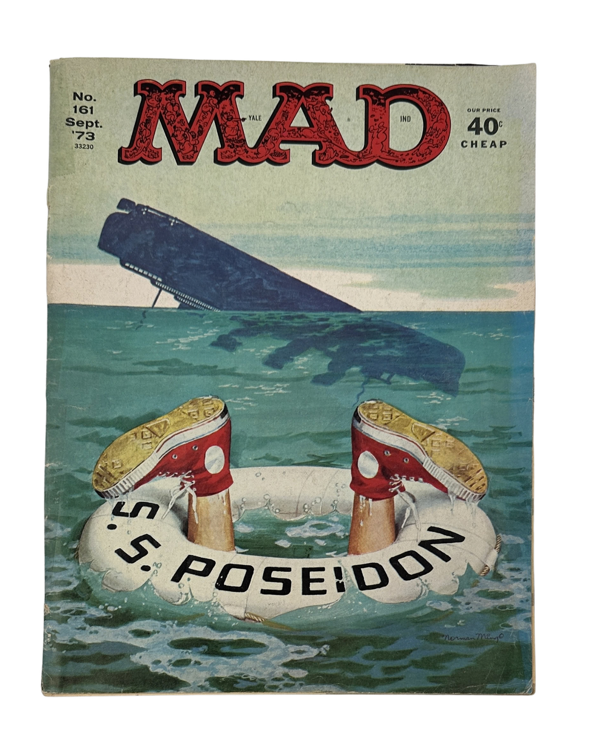 Cover of MAD Magazine No. 161 from September 1973 featuring a satire of the Poseidon Adventure movie with a humorous illustration of a lifebuoy and submerged ship.