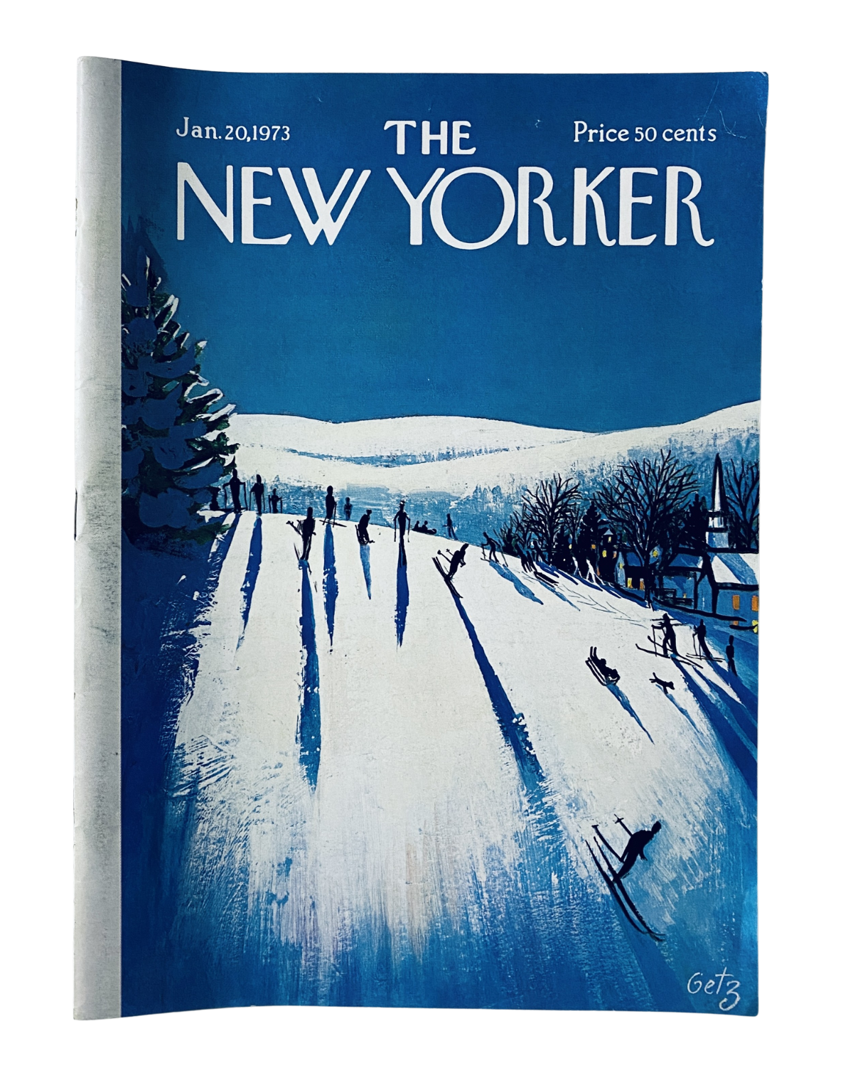 Cover of The New Yorker Magazine January 20, 1973 by Arthur Getz, featuring winter skiers and a snowy landscape.