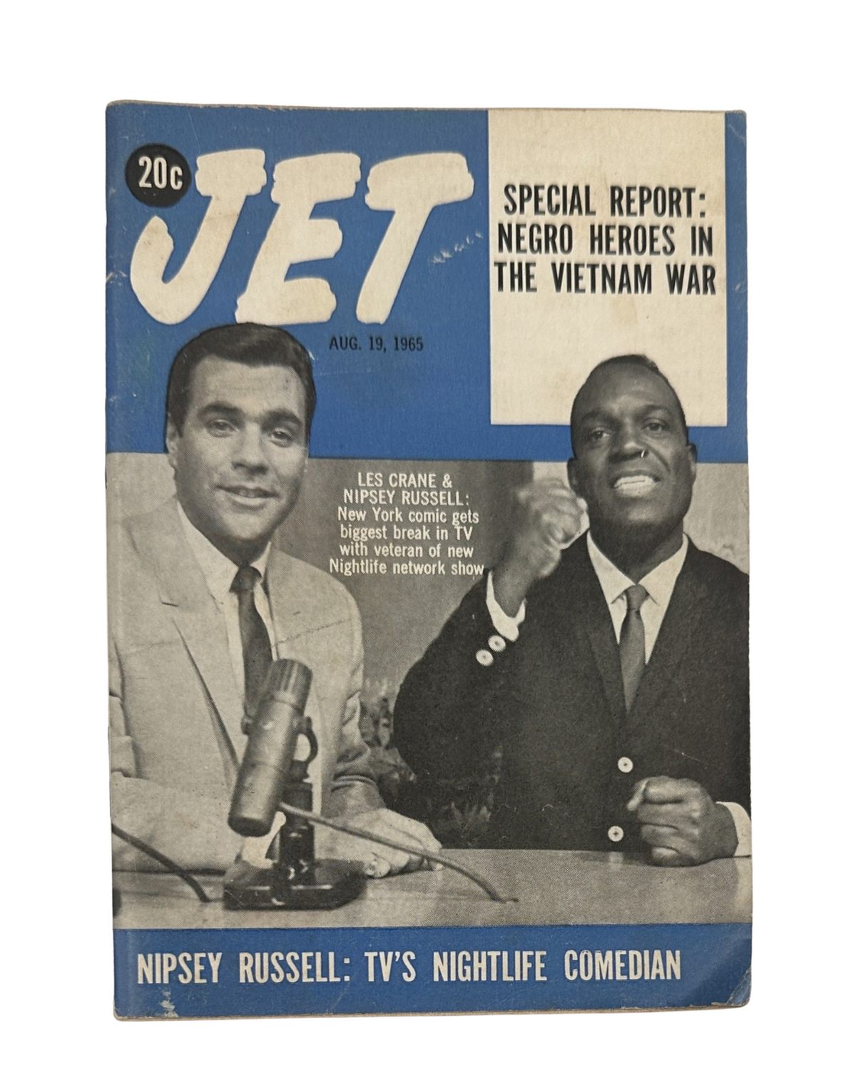 Jet Magazine cover from August 19, 1965 featuring Nipsey Russell, highlighting a special report on Negro heroes in the Vietnam War, showcasing the iconic TV comedian alongside Les Crane.