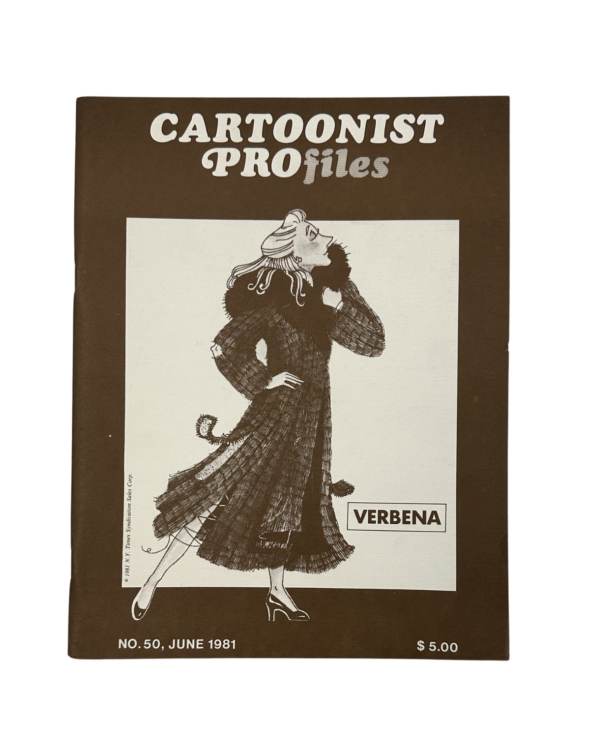 Cover of Cartoonist Profiles Magazine June 1981 featuring an illustration of a woman in a stylish long coat labeled 'VERBENA'. The magazine focuses on notable cartoonists.