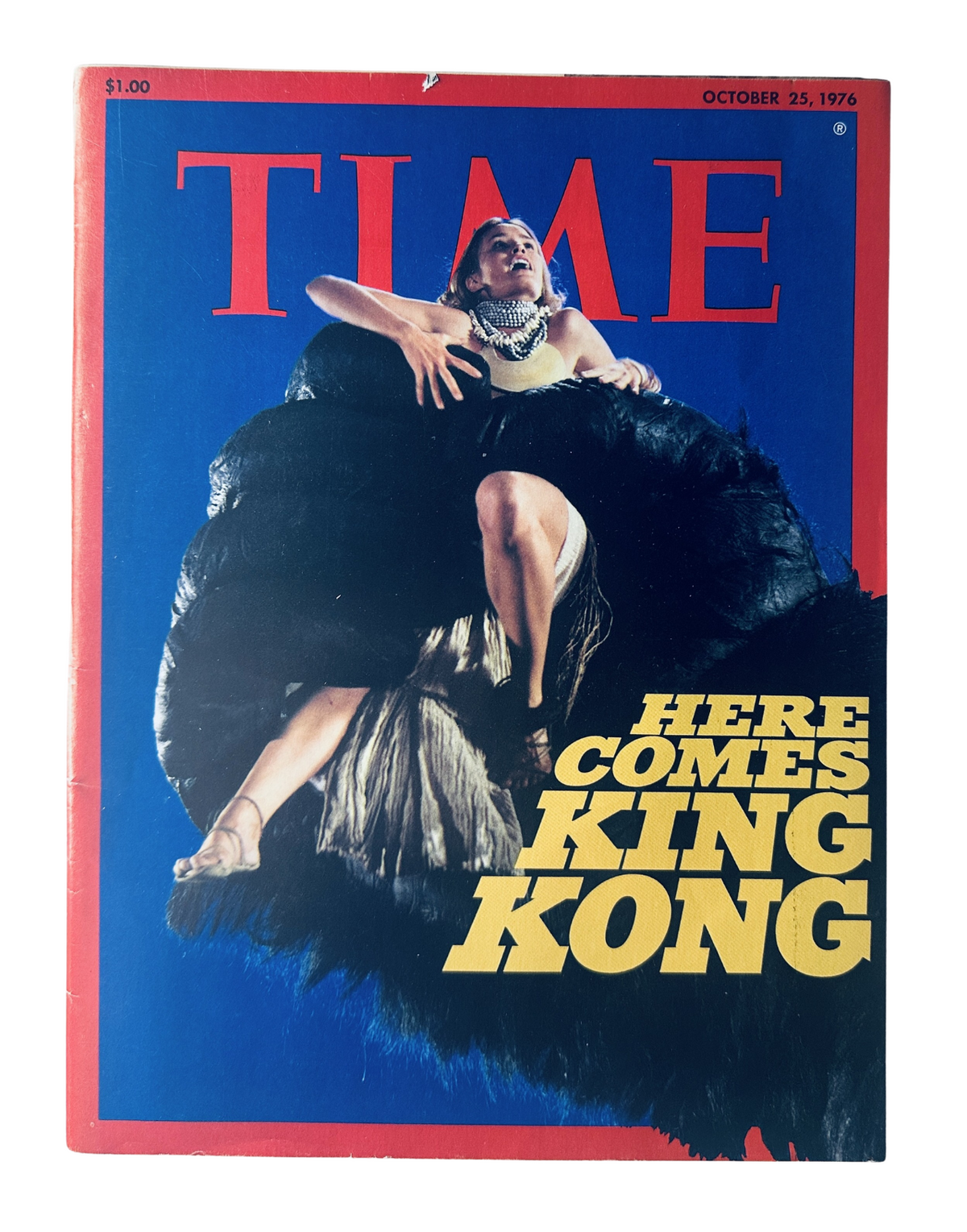 Time Magazine cover from October 25, 1976 featuring Jessica Lange, promoting the King Kong movie with the text 'Here Comes King Kong'.