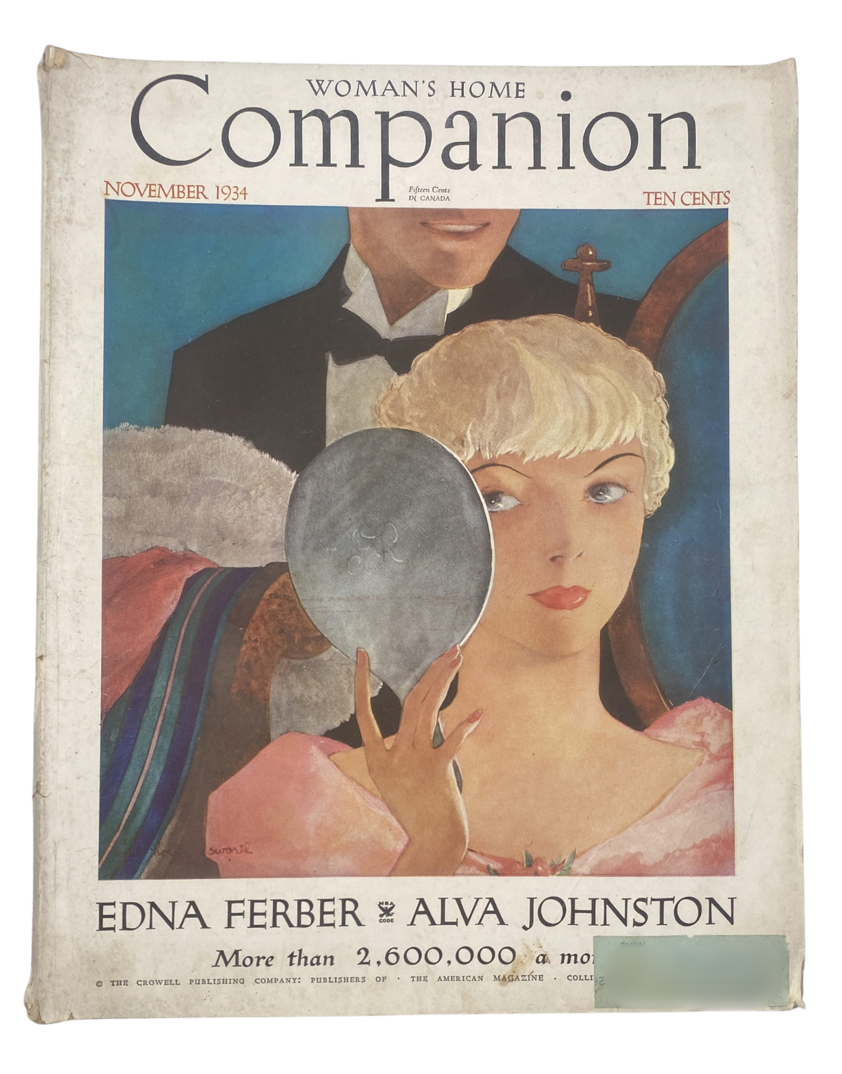 Cover of Woman’s Home Companion Magazine from November 1934 featuring artwork by Edna Ferber and Alva Johnston. The illustration depicts a woman holding a mirror, set against a colorful backdrop.