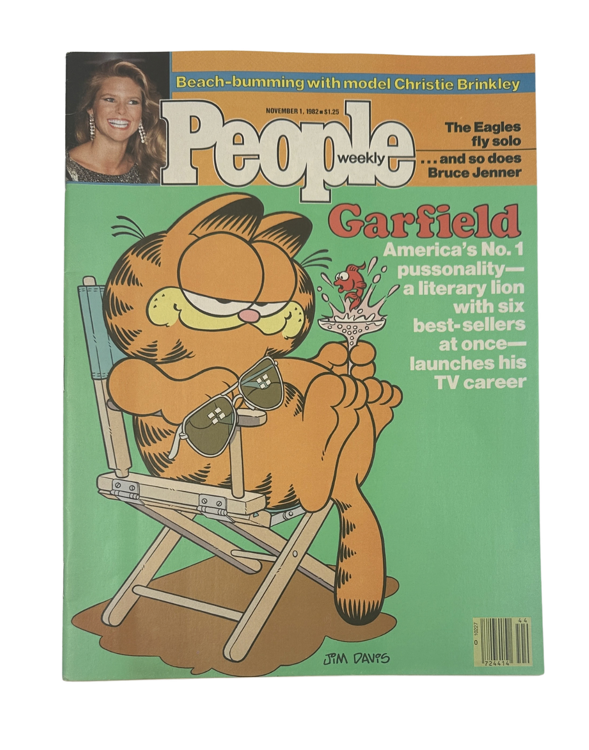 Cover of People Magazine from November 1, 1982 featuring Garfield and model Christie Brinkley, highlighting the cat's TV career and pop culture relevance.