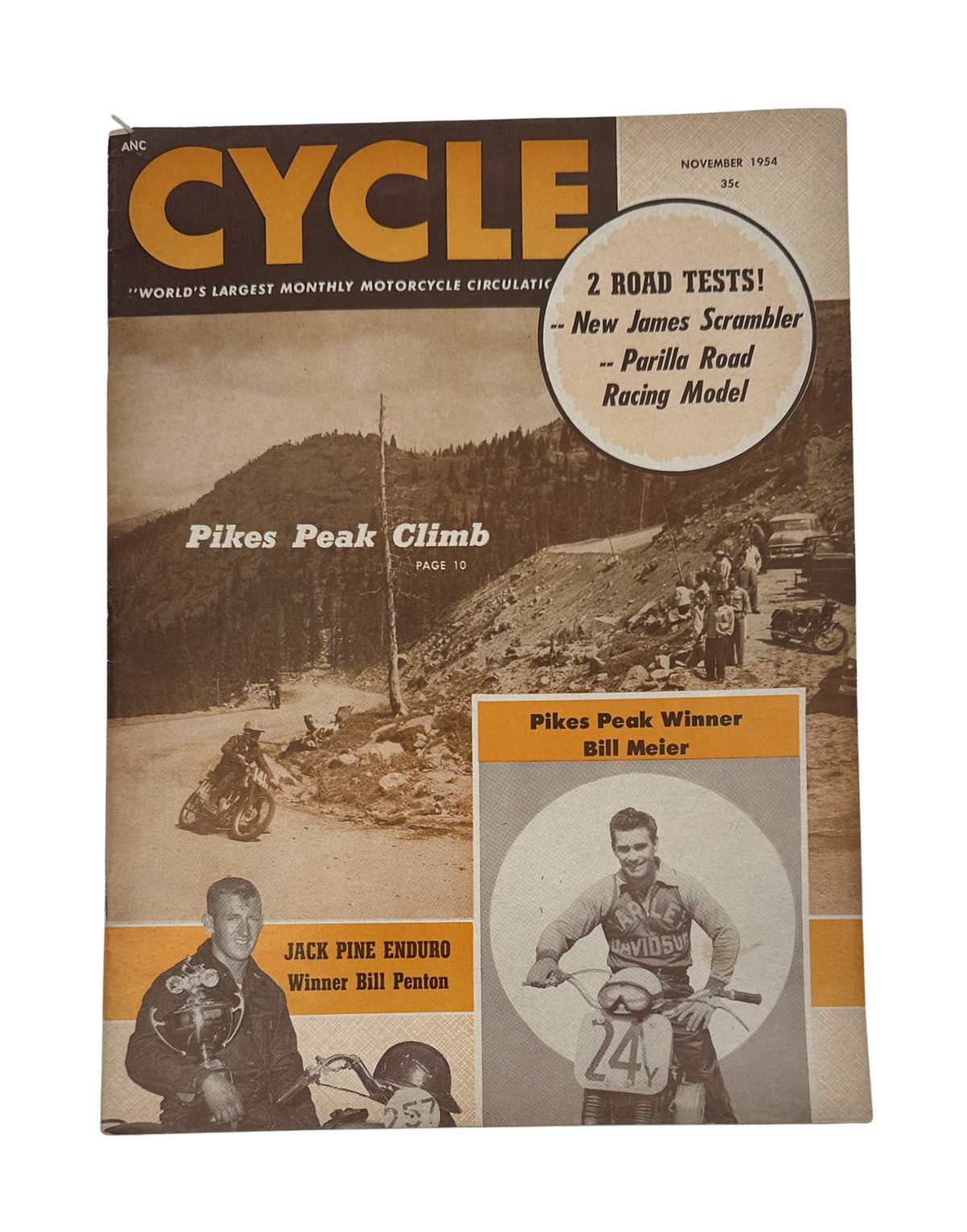 Cycle Magazine November 1954 cover featuring Pikes Peak Climb with Bill Meier, includes a highlight of the James Scrambler motorcycle and information about the Jack Pine Enduro winner Bill Penton.