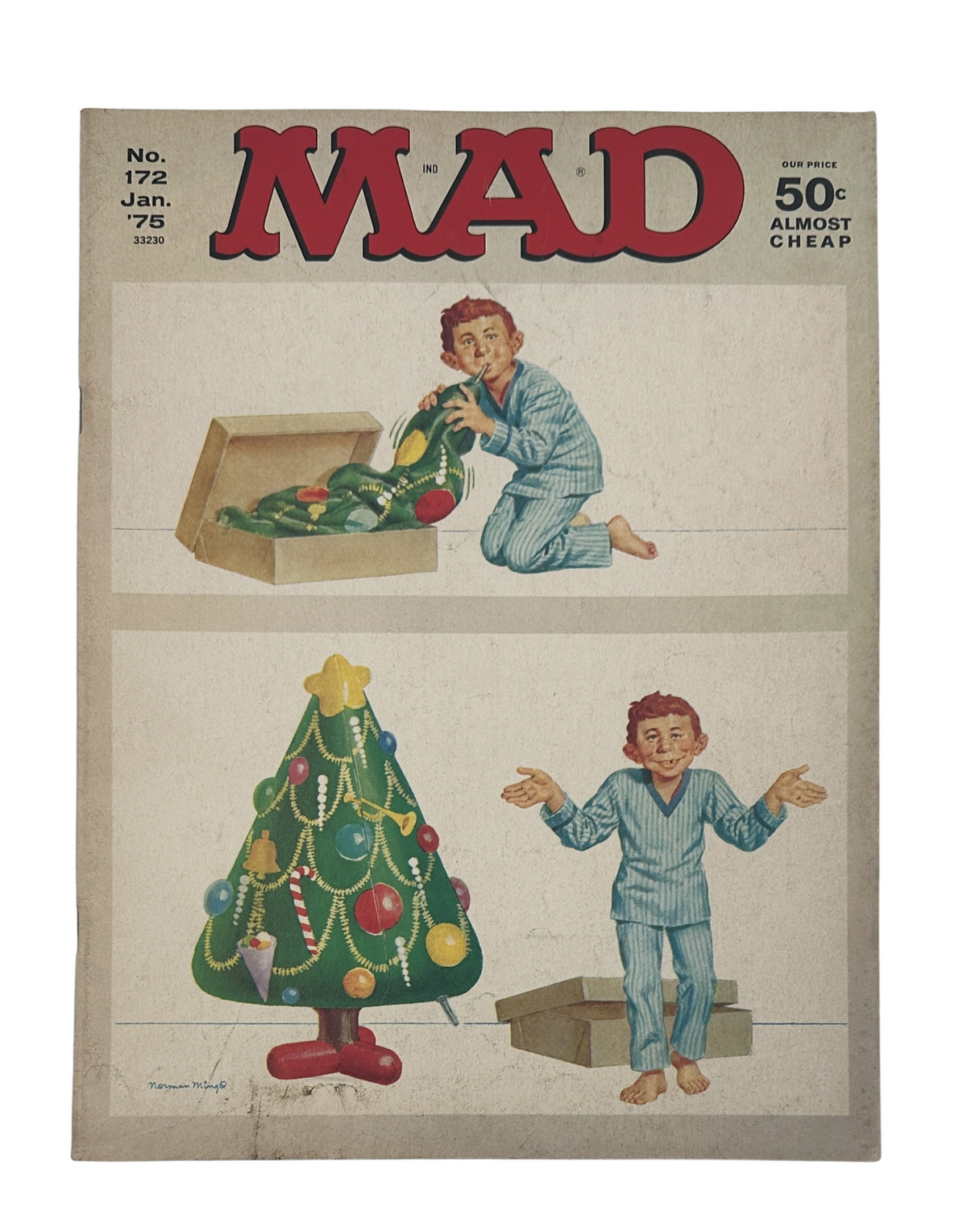 MAD Magazine No. 172 January 1975 cover featuring a boy in pajamas playing with Christmas decorations and a decorated tree.