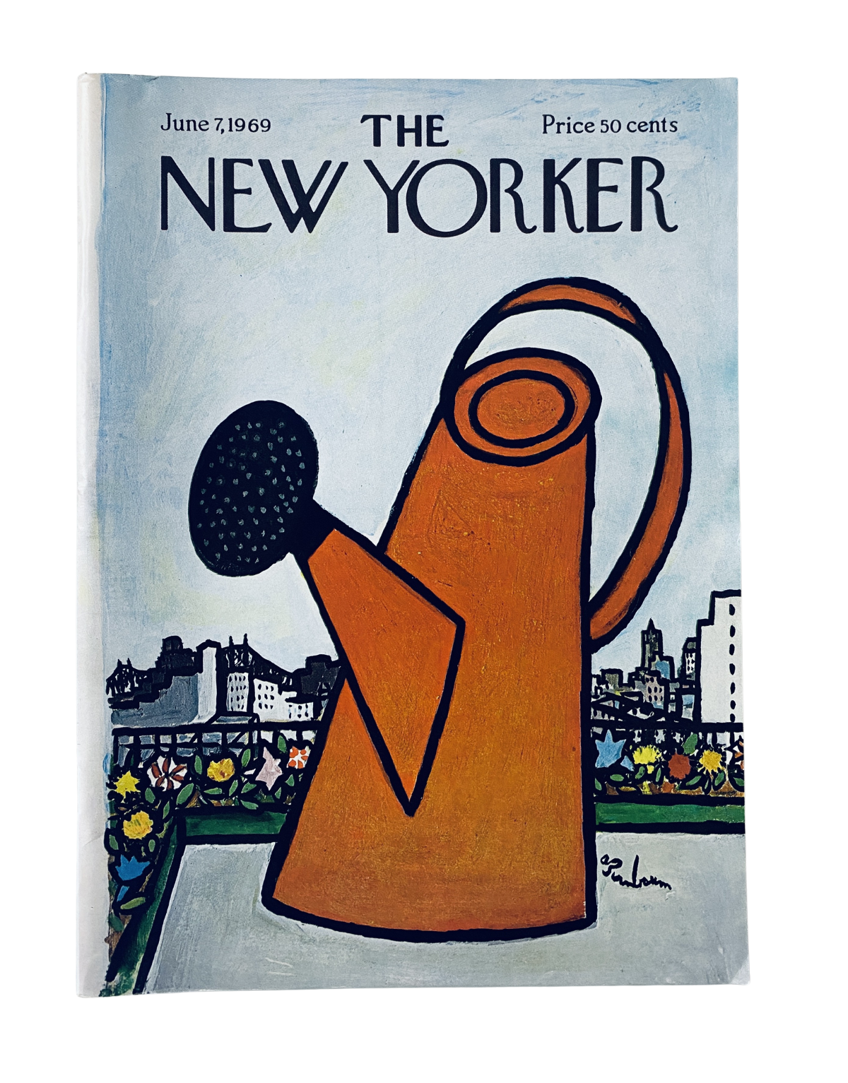 Cover of The New Yorker Magazine from June 7, 1969, featuring an illustration of an orange watering can against a city backdrop.