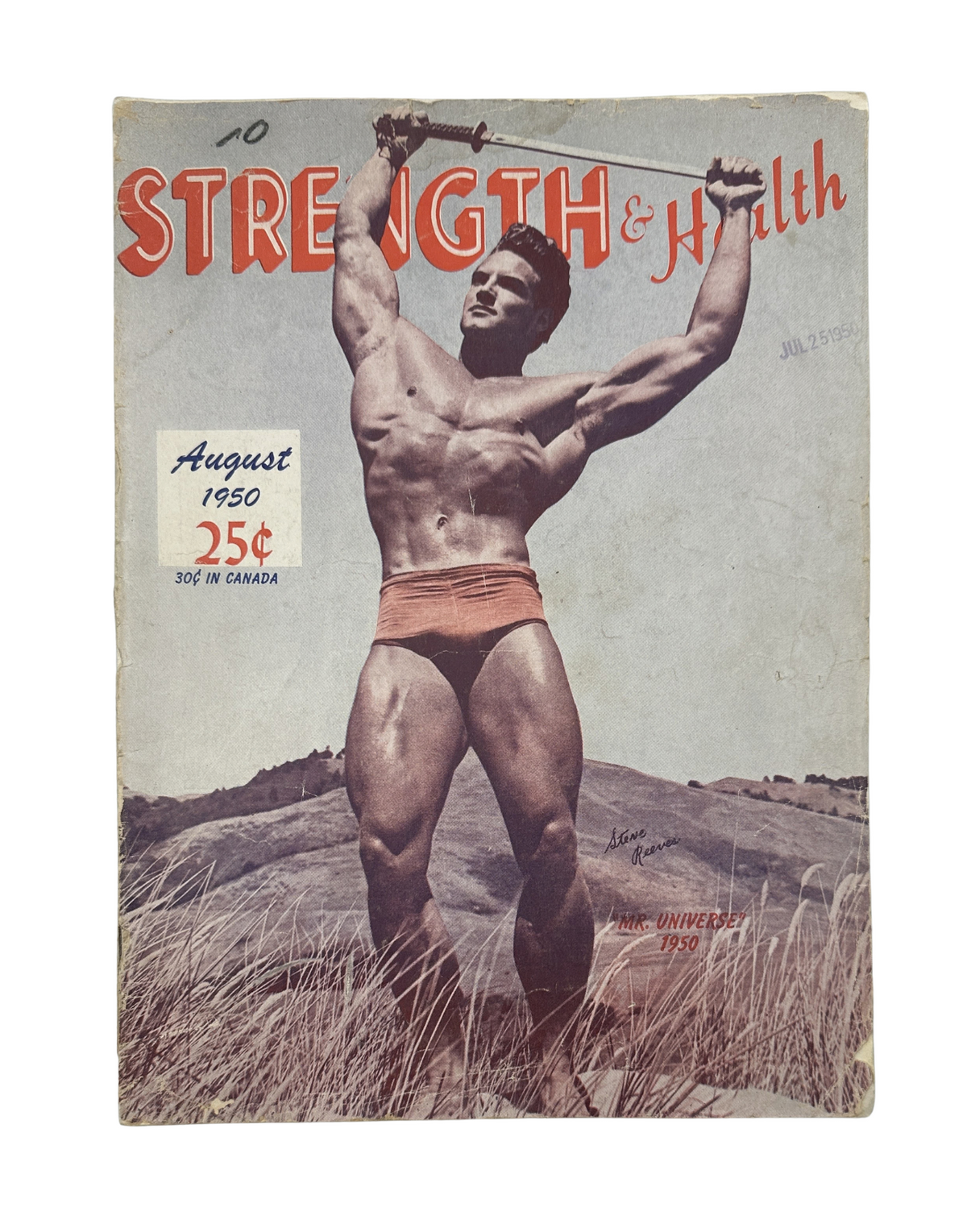Strength and Health Magazine August 1950 featuring Steve Reeves, Mr. Universe, on the cover, showcasing a muscular physique in a natural outdoor setting.