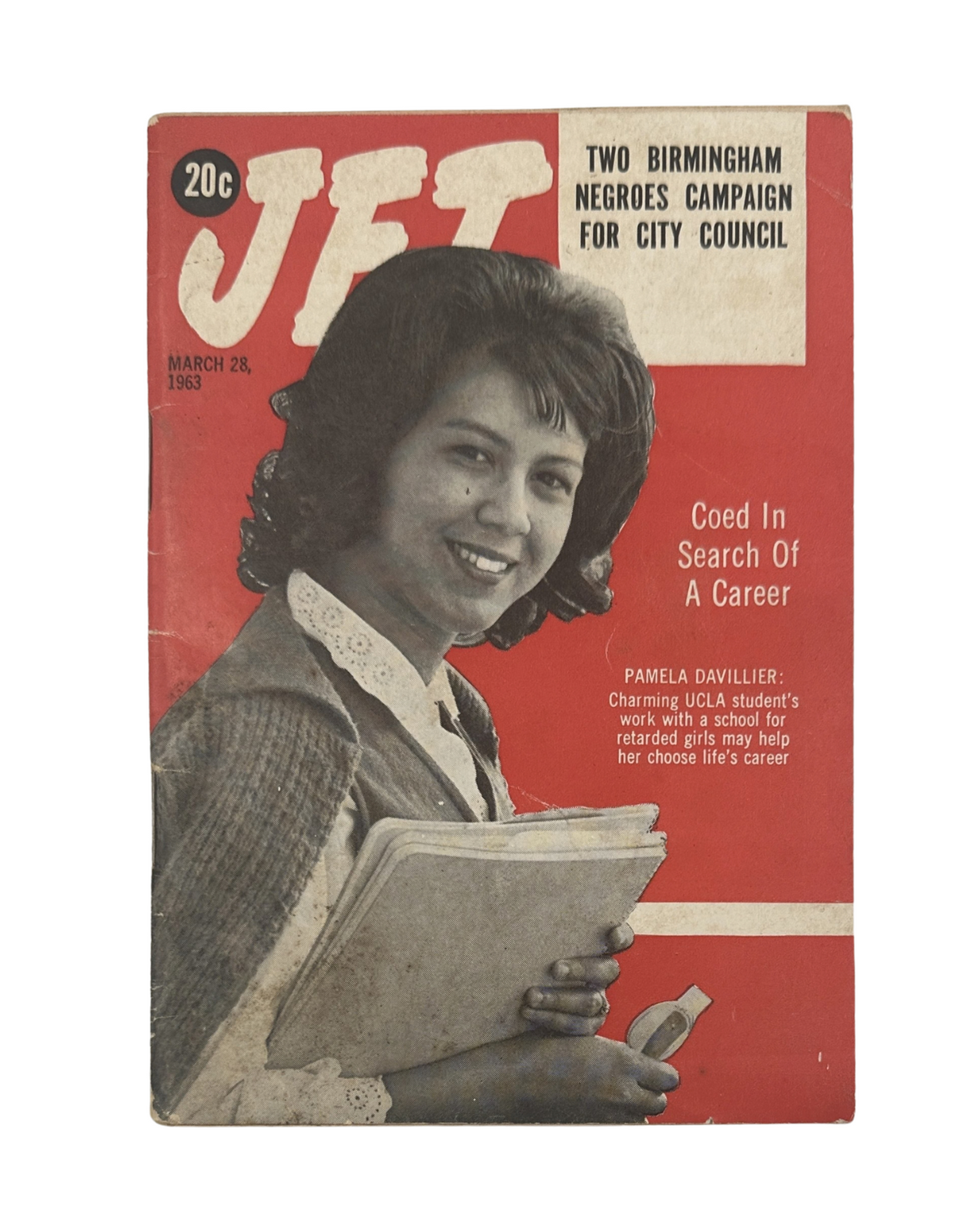 Jet Magazine March 28, 1963 covering Birmingham City Council Campaign featuring a smiling woman, Pamela Davilier, who is pursuing a career in education.