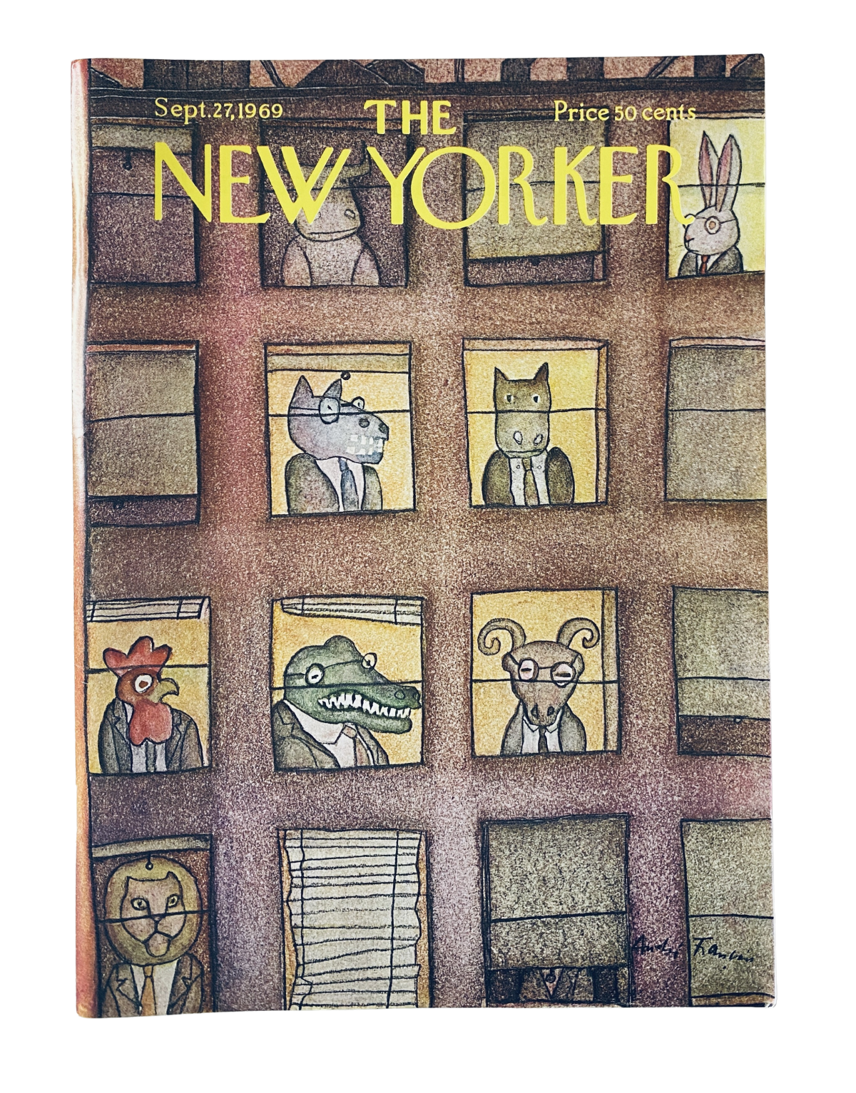 The New Yorker Magazine September 27, 1969 cover featuring André François' whimsical illustration of animal characters peering from office windows, showcasing unique artistry and creative design.