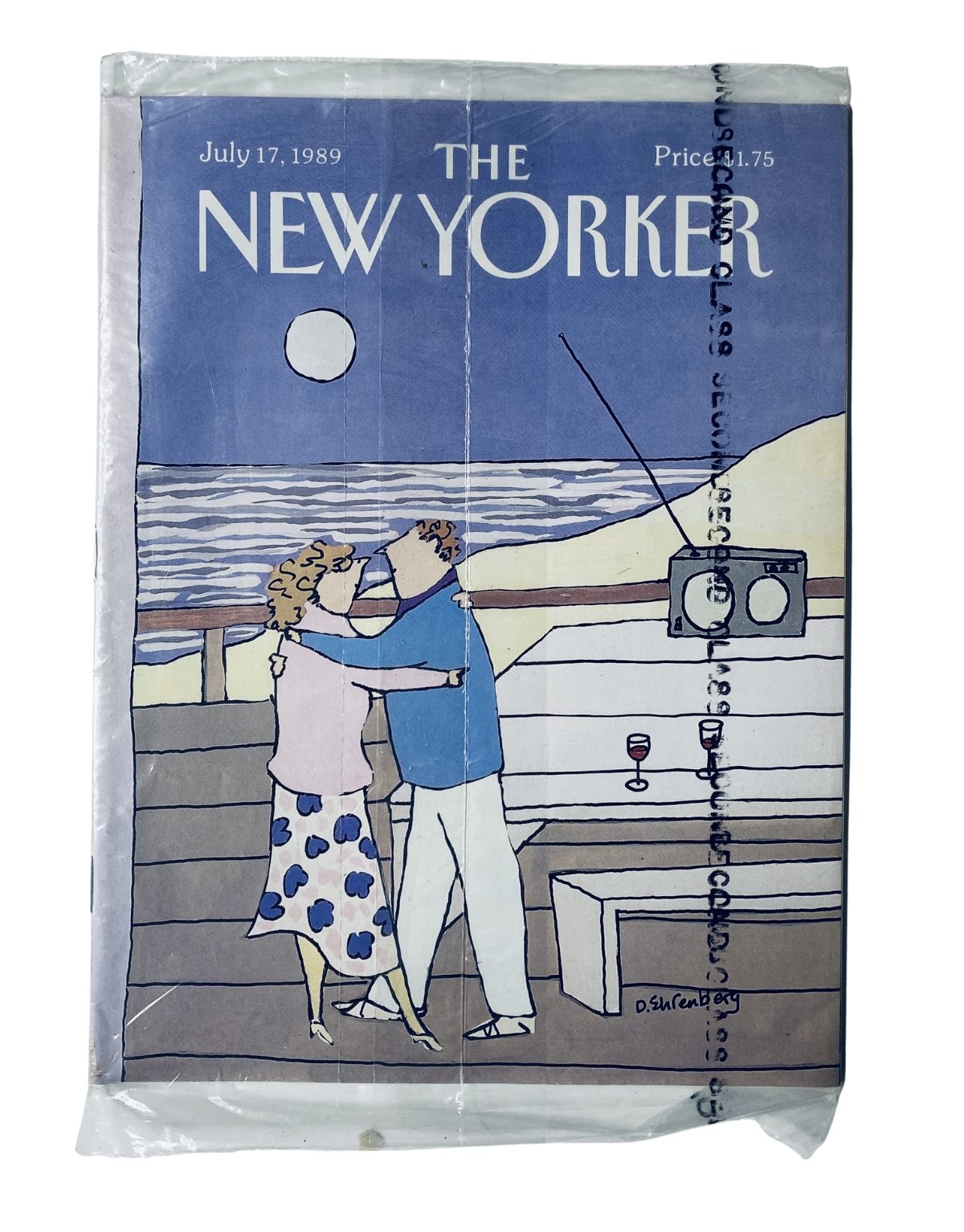 SEALED The New Yorker Magazine July 17, 1989 featuring a Moonlit Deck Dance cover illustration by Ehrenberg, showcasing a couple dancing on a beach deck under the moonlight.