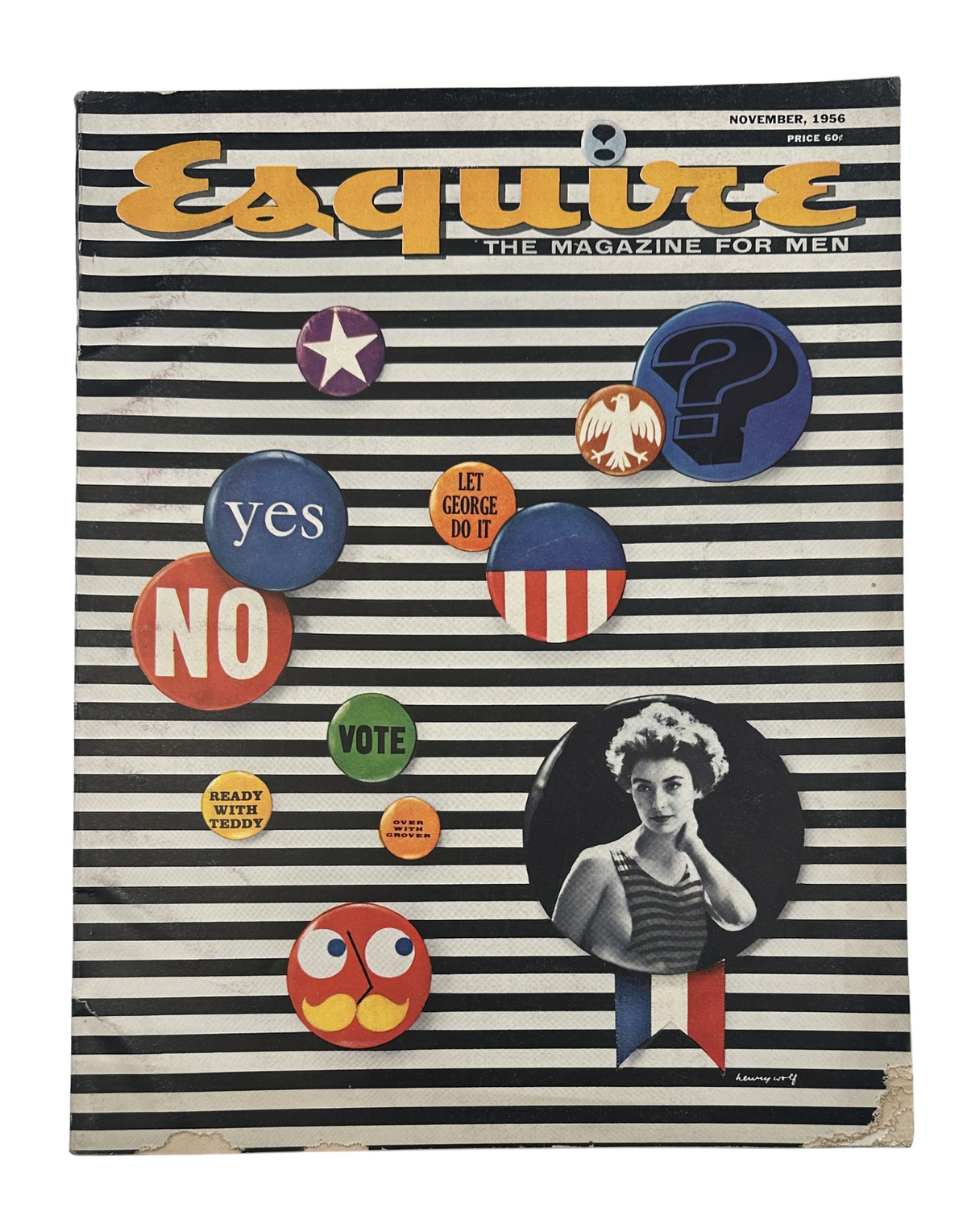 Esquire Magazine, November 1956 featuring Betsy Palmer on the cover, highlighted with colorful buttons saying YES, NO, VOTE, and question marks, showcasing a vintage style perfect for collectors.