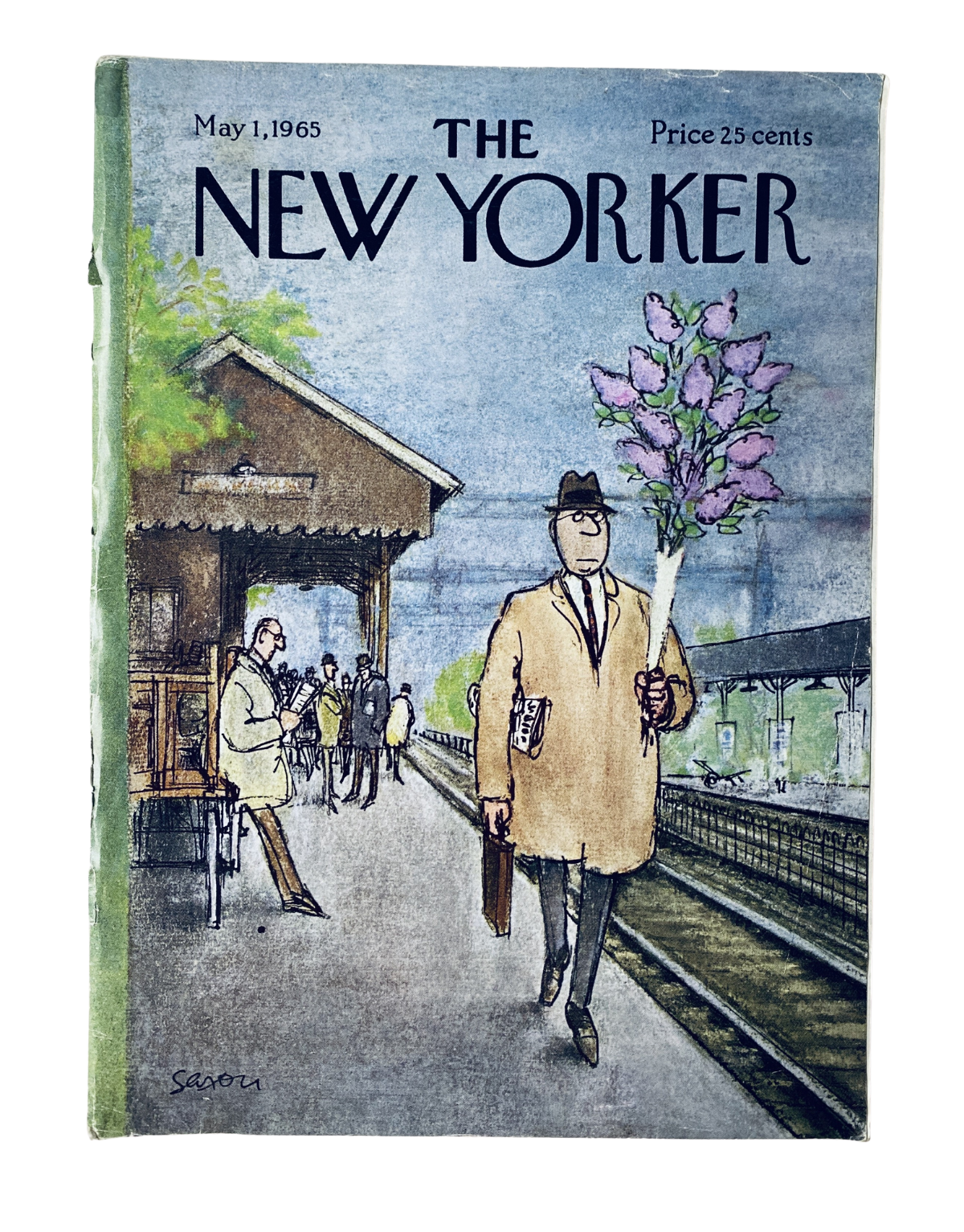 Cover of The New Yorker Magazine May 1, 1965, illustrated by Charles Saxon, featuring a train station scene with a man holding a flower, showcasing a vintage artistic style.