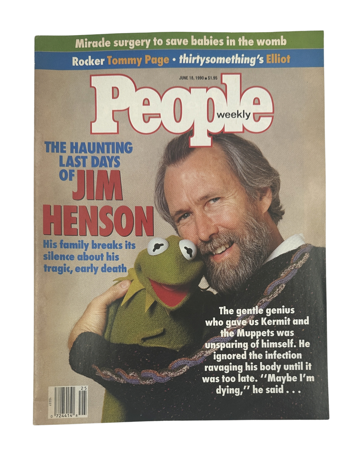 Cover of People Magazine from June 18, 1990, featuring Jim Henson with Kermit the Frog and a mention of rock star Tommy Page. The cover highlights the haunting last days of Jim Henson and reflects on his legacy.