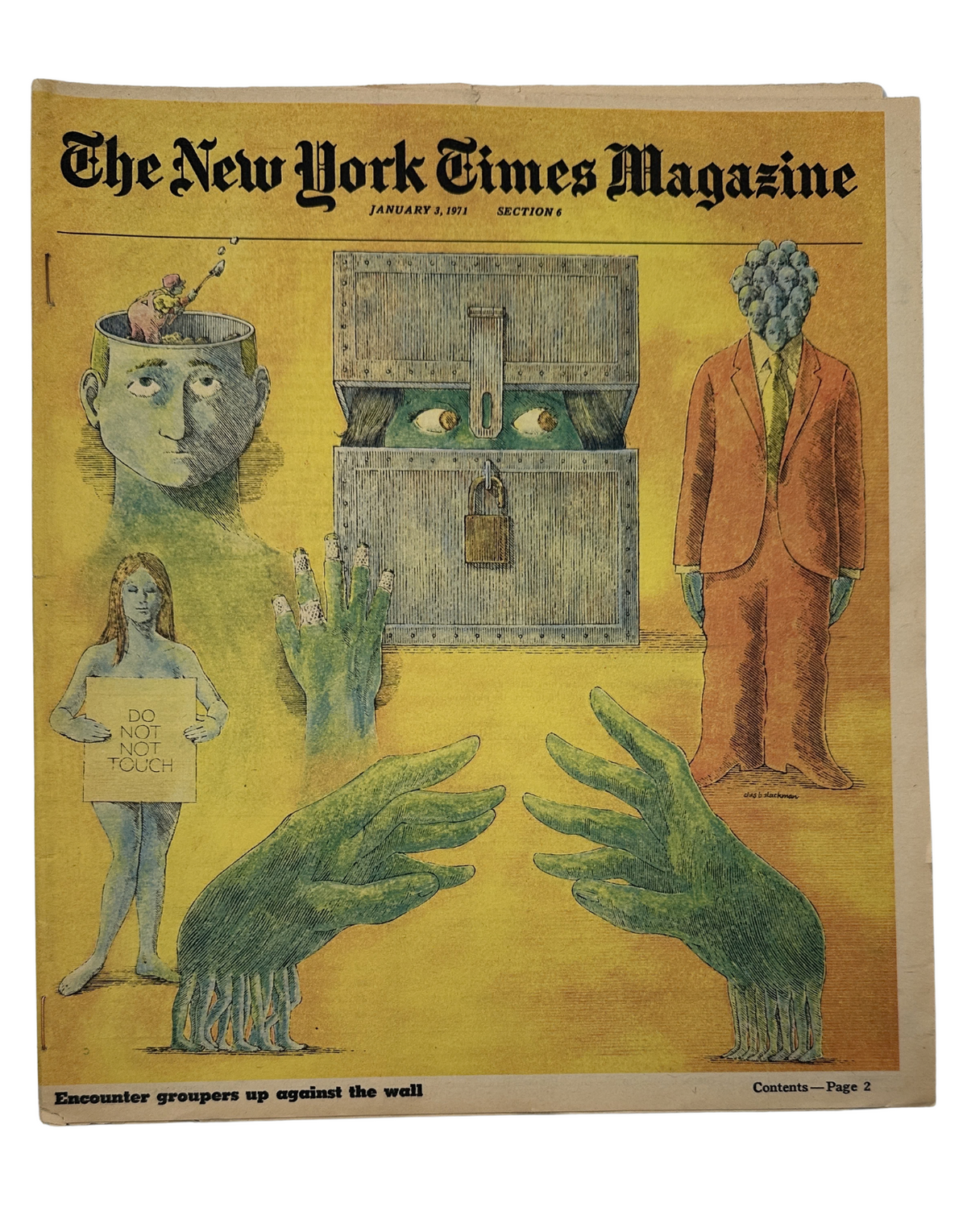 Cover of The New York Times Magazine, January 3, 1971, featuring an artistic depiction of encounter groups psychology with surreal elements, including hands and a figure with a head surrounded by odd features. The title 'Encounter groupers up against the wall' is prominent.