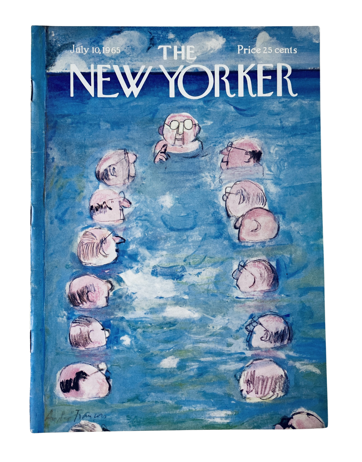 Cover of The New Yorker Magazine from July 10, 1965, featuring a whimsical illustration of swimming pool figures, showcasing the artistic style of A. François. The cover price is listed as 25 cents.