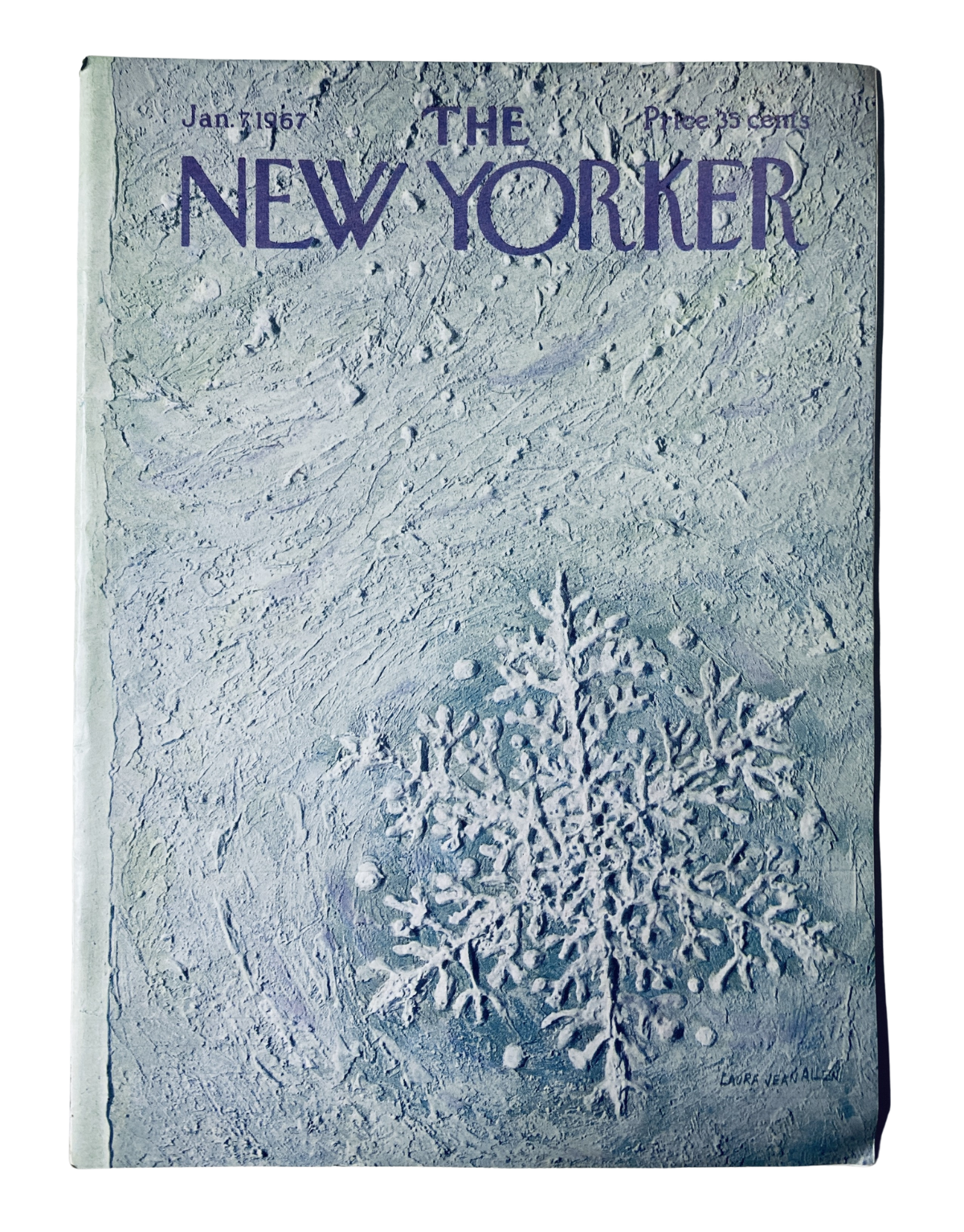 Cover of The New Yorker Magazine January 7, 1967 featuring a snowflake tree design by Laura Jean Allen, in very good condition with light edge wear.