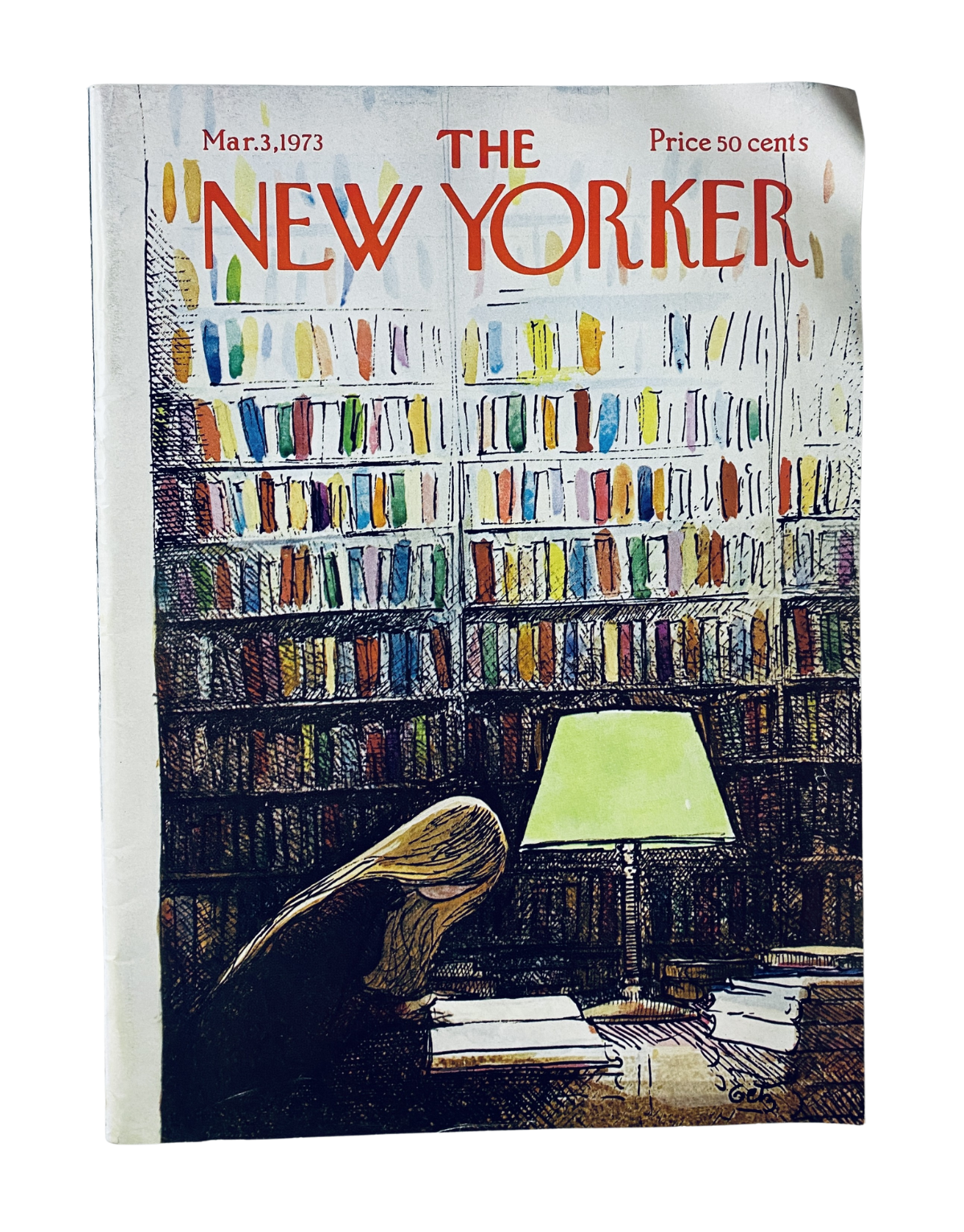Cover of The New Yorker Magazine March 3, 1973 featuring a woman reading in a library, illustrated by Arthur Getz.
