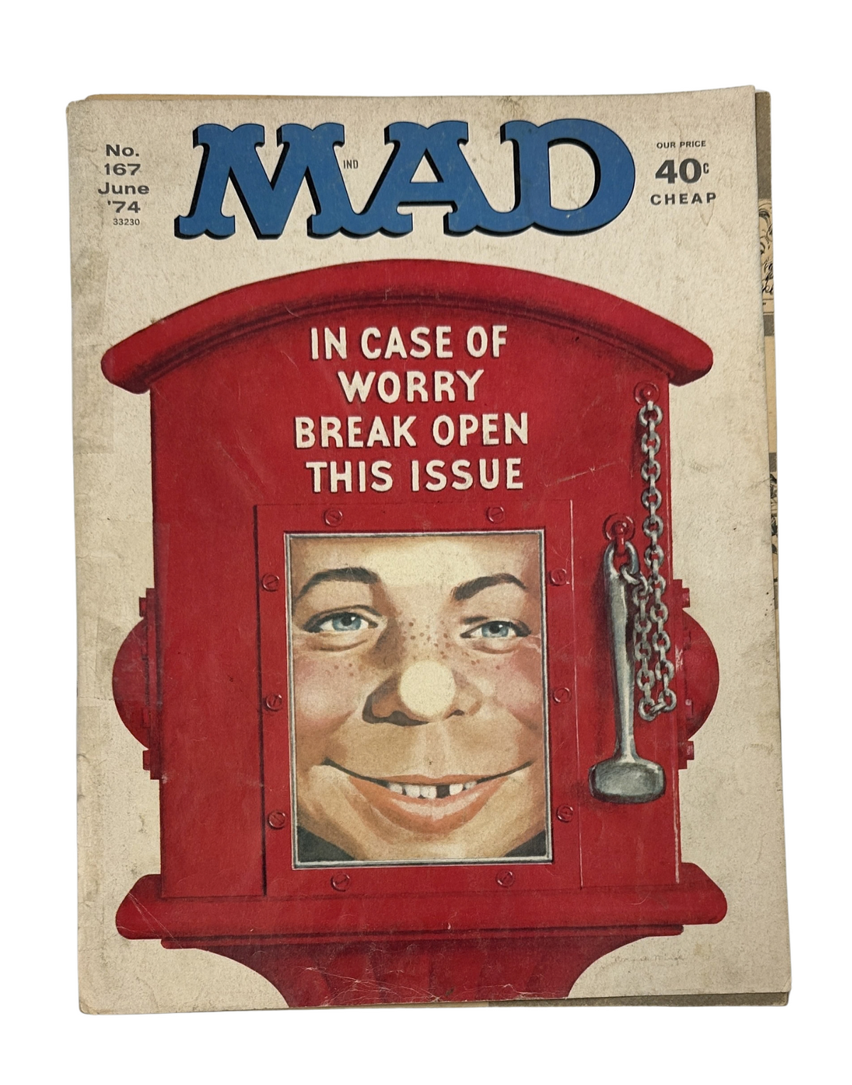 Cover of MAD Magazine No. 167 from June 1974 featuring a humorous illustration with the text 'IN CASE OF WORRY BREAK OPEN THIS ISSUE', showcasing the distinct artistic style of MAD Magazine.