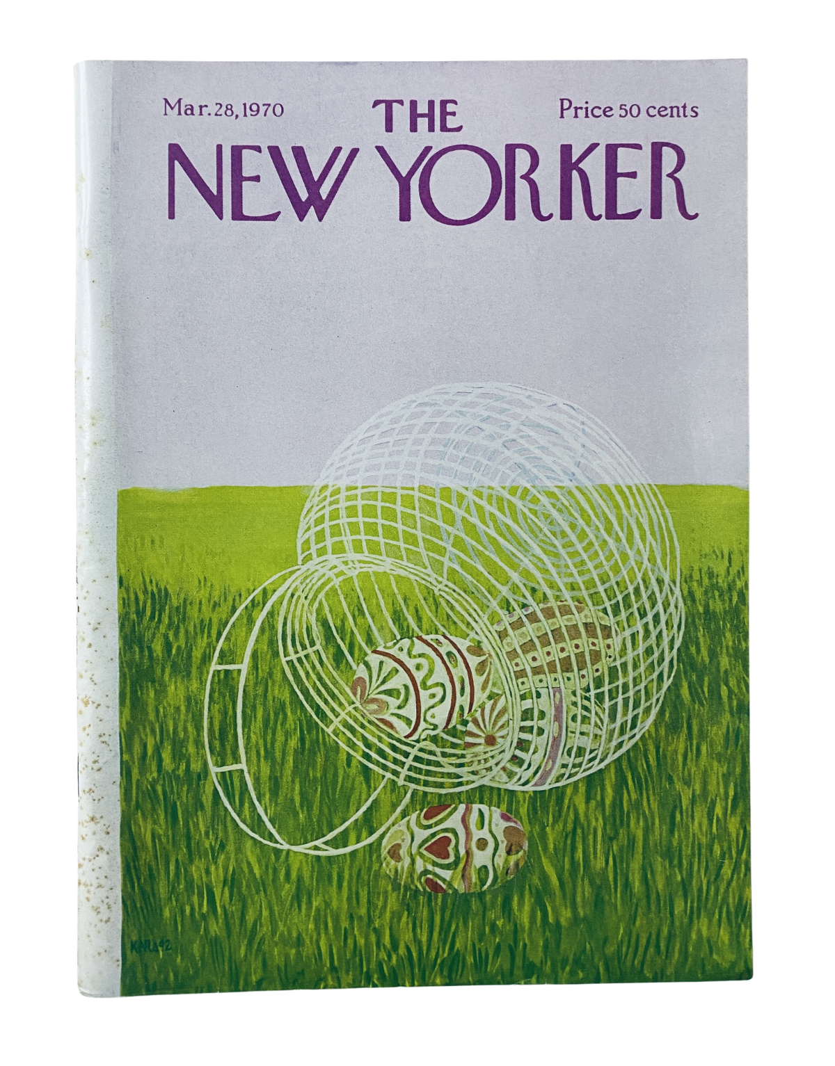 Cover of The New Yorker Magazine from March 28, 1970 featuring an illustrative design of Easter eggs by Ilonka Karasz, showcasing vibrant colors and intricate patterns against a green background.