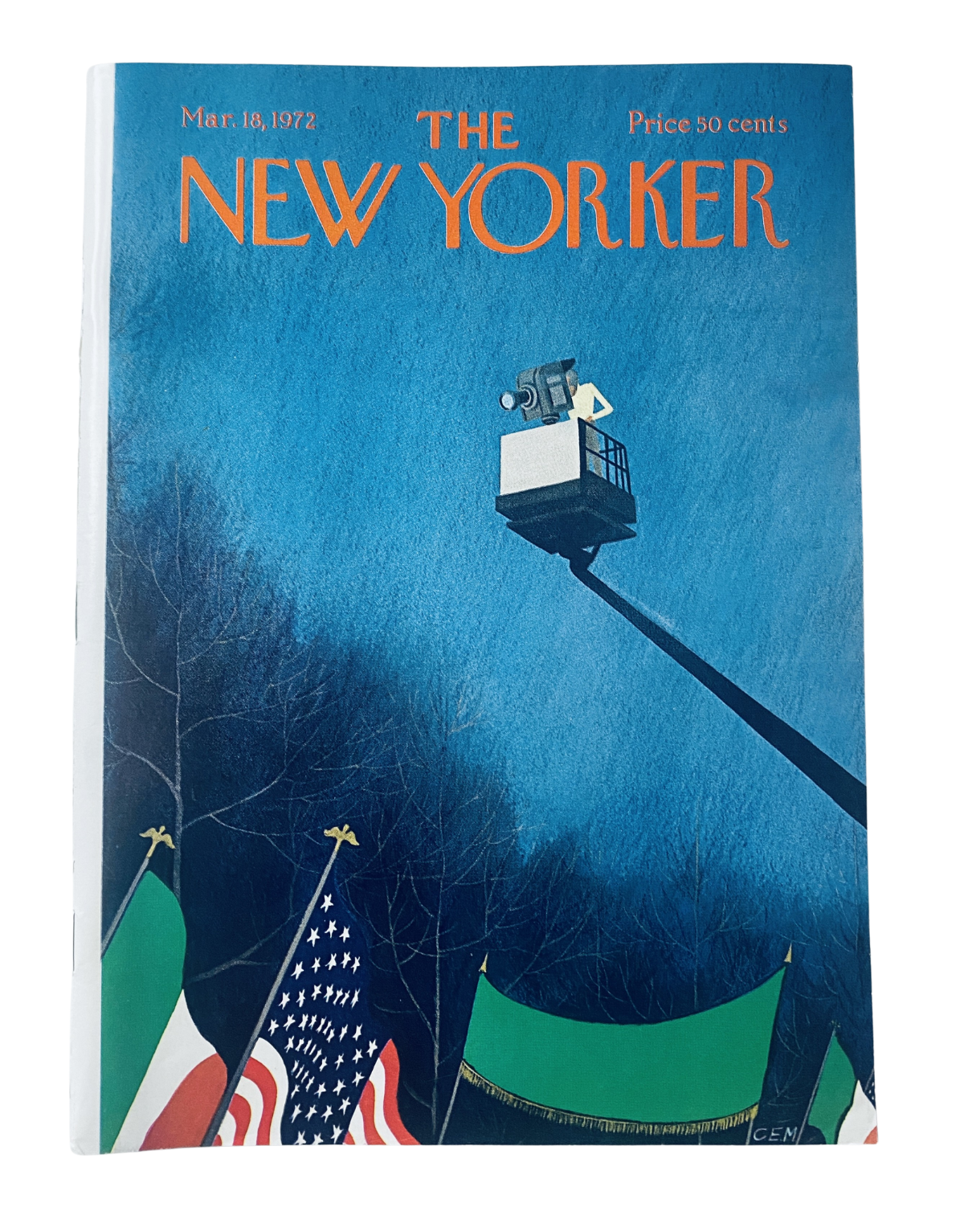Cover of The New Yorker Magazine from March 18, 1972, featuring a camera crane and flags, designed by C. Martin, priced at 50 cents. The magazine is in very good condition with light edge wear.