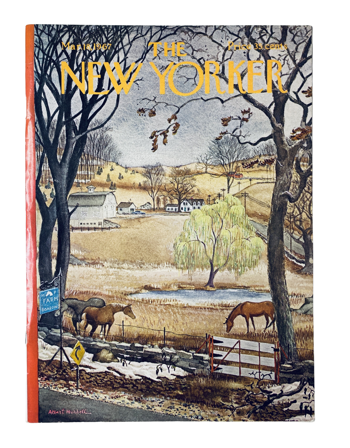 The New Yorker Magazine March 18, 1967 with an Albert Hubbell Farm Landscape cover featuring scenic countryside, horses near a pond, and trees, presented in very good condition.