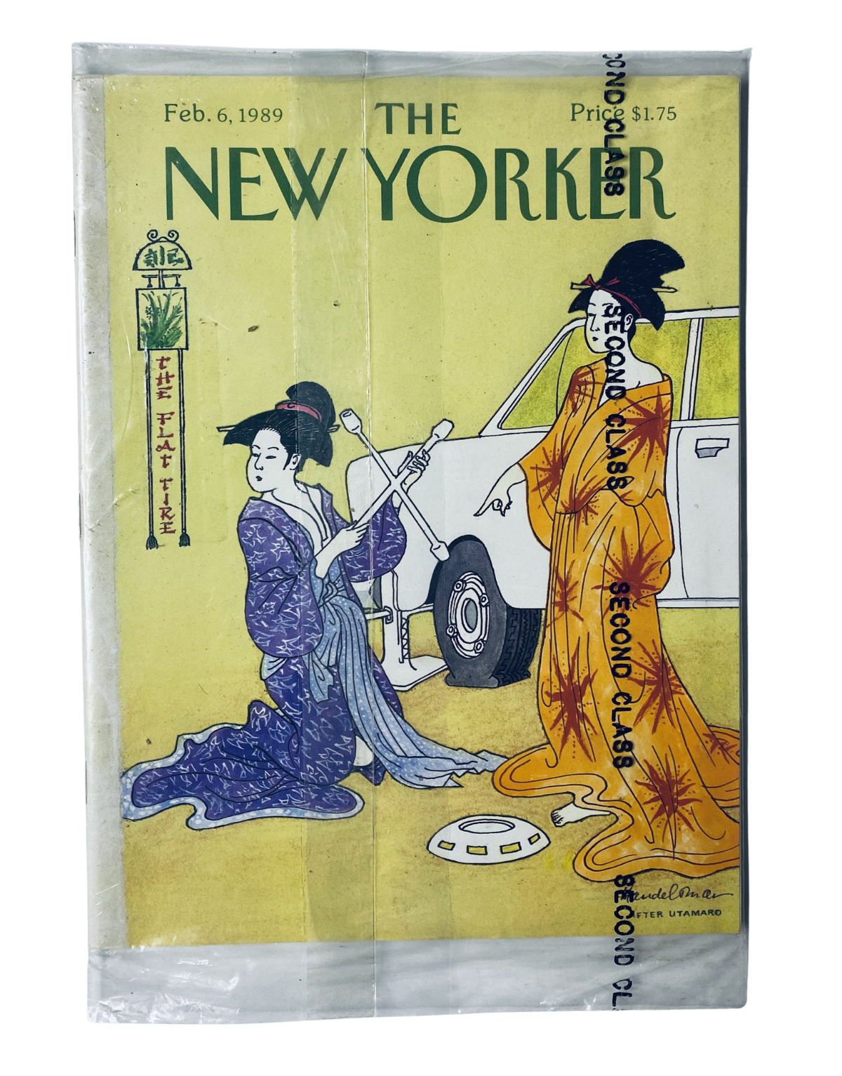 SEALED The New Yorker Magazine February 6, 1989 featuring a Japanese car cover illustration by Handelsman, showcasing a colorful design with two women in traditional attire.