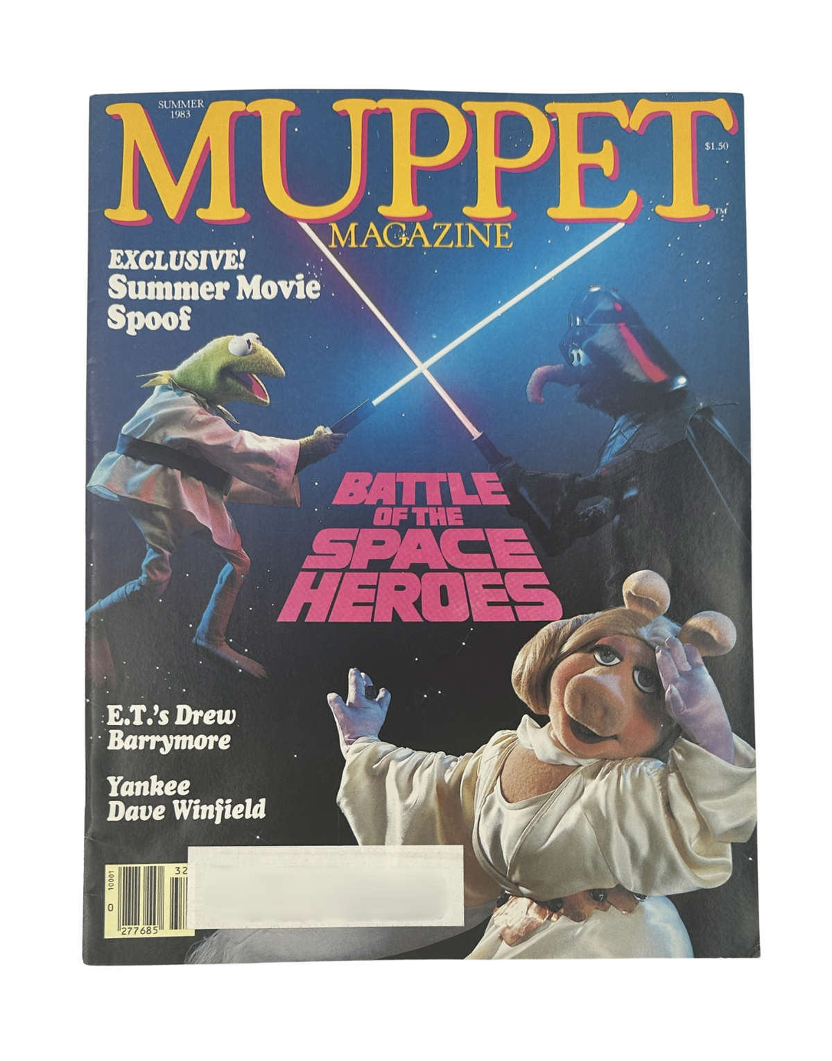 Muppet Magazine Summer 1983 cover featuring 'Battle of the Space Heroes' with characters including Miss Piggy and Yankee Dave Winfield, highlighting exclusive summer movie spoofs.
