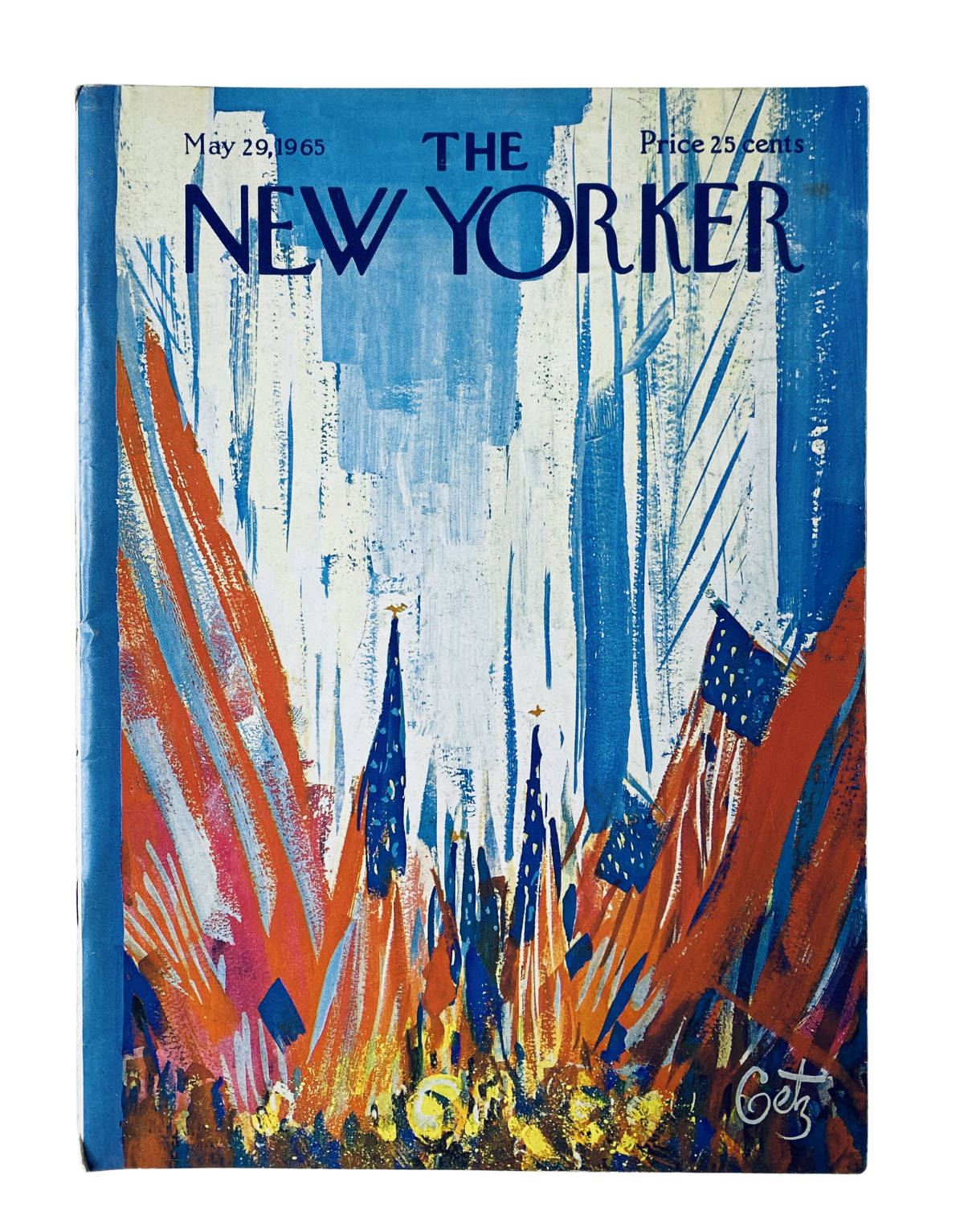 Cover of The New Yorker Magazine, May 29, 1965, featuring an abstract illustration of flags by Arthur Getz, showcasing vibrant colors and artistic design.