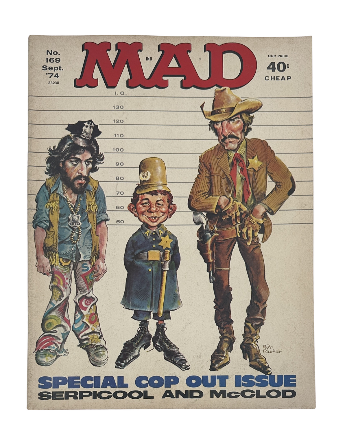MAD Magazine No. 169 September 1974 featuring characters Serpicool and McClod, showcasing a humorous depiction of exaggerated figures in a lineup, emphasizing the magazine's satirical style.
