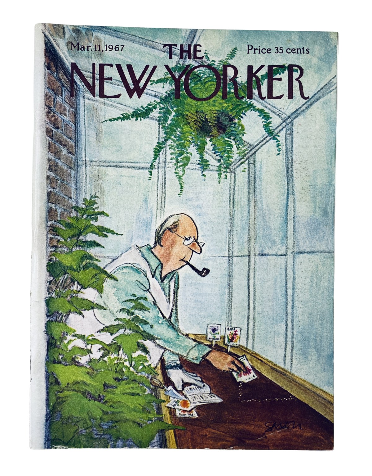 Cover of The New Yorker Magazine from March 11, 1967 featuring a greenhouse scene illustrated by C. Saxon; depicts a man with a pipe examining plants.
