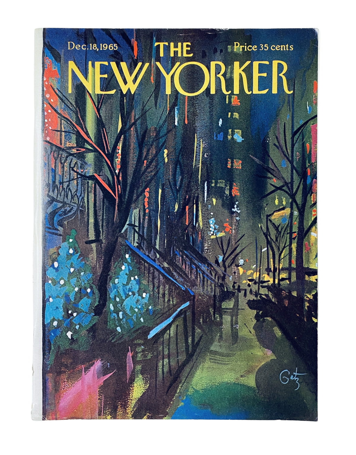 The New Yorker Magazine December 18, 1965 cover featuring a vibrant night city park illustration by A. Getz, showcasing colorful lights and a wintery urban landscape.