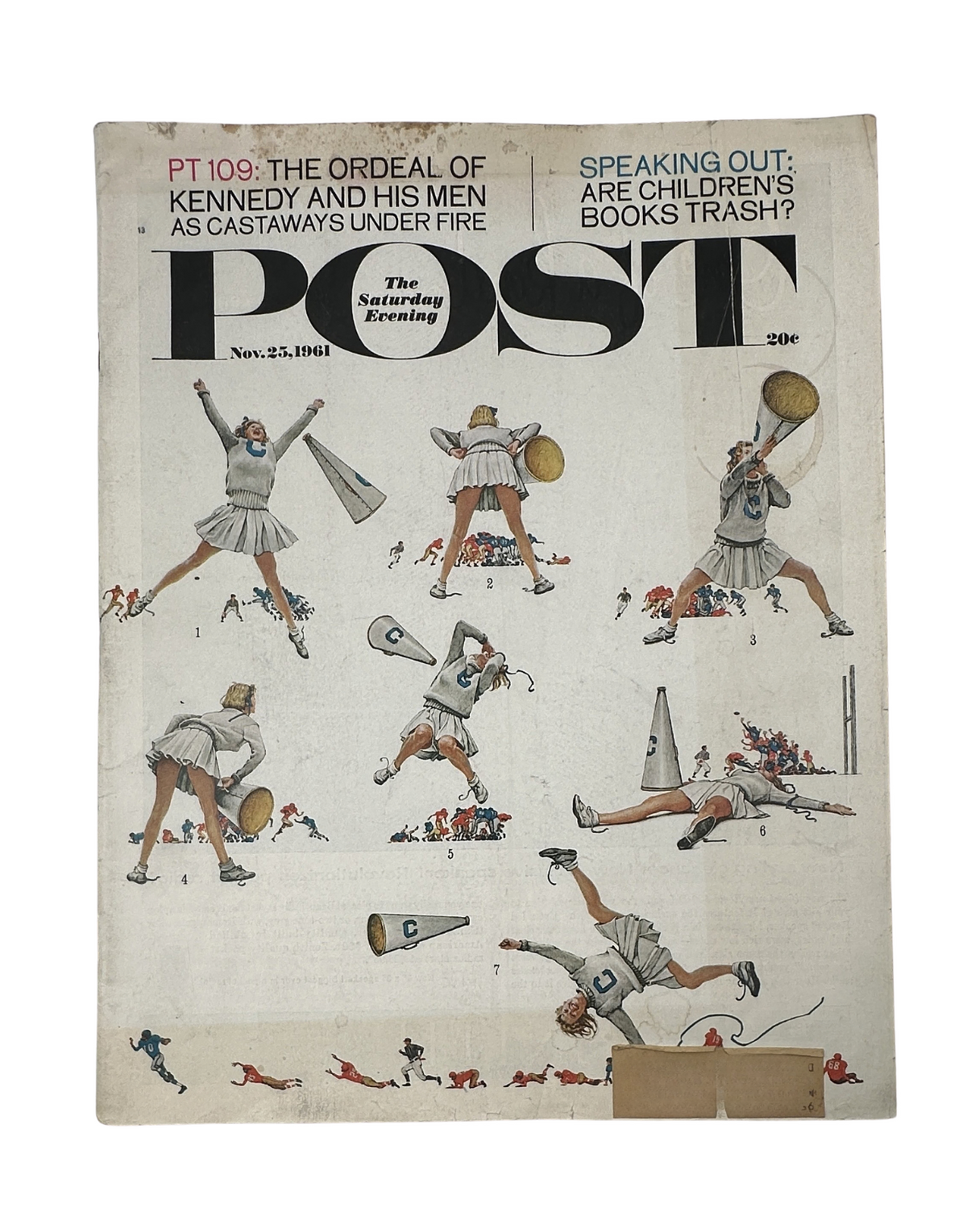 Cover of Saturday Evening Post Magazine November 25, 1961 featuring illustrations of cheerleaders. Title included: "PT 109: The Ordeal of Kennedy and His Men as Castaways Under Fire".