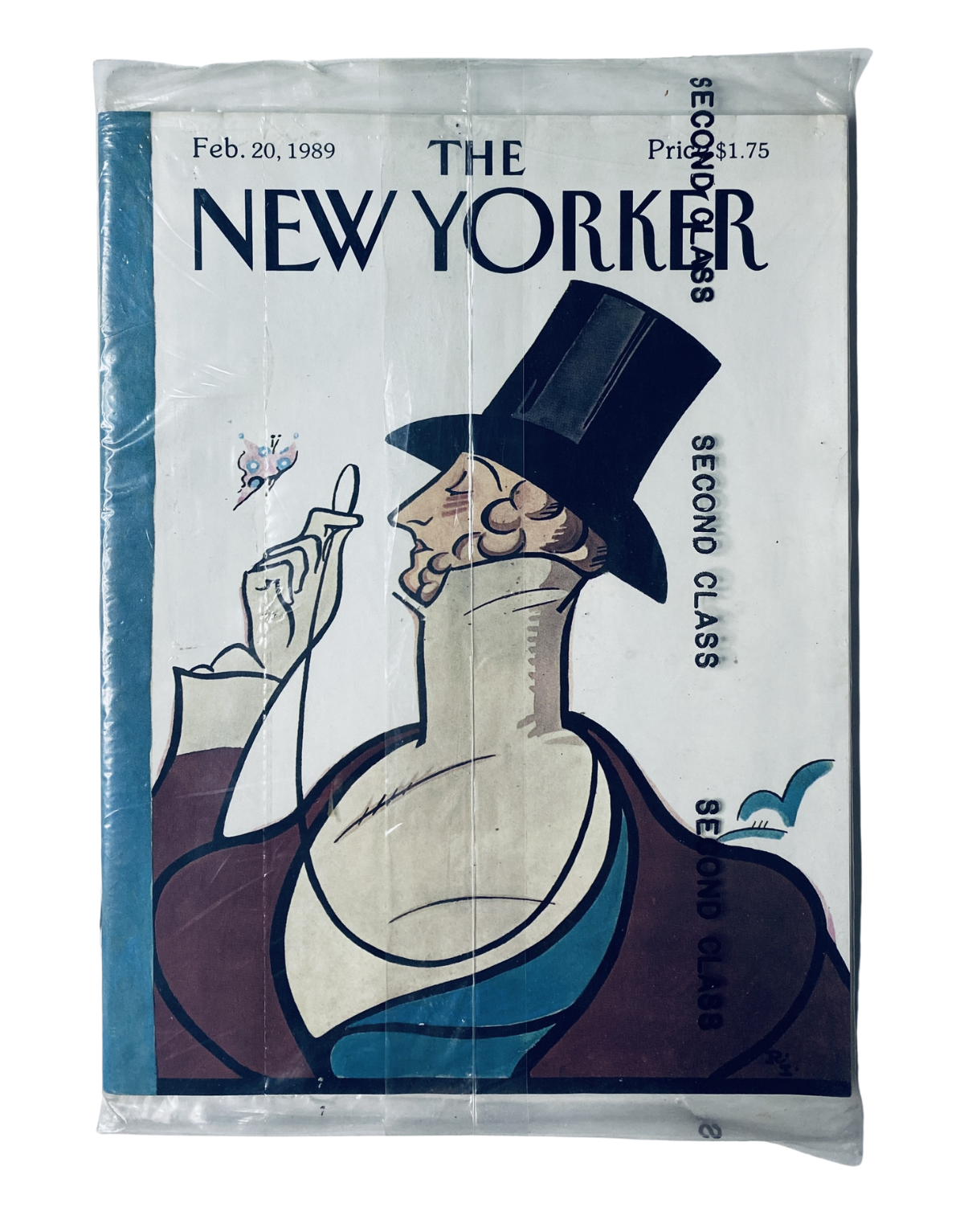 SEALED The New Yorker Magazine February 20, 1989 featuring a Top Hat Butterfly Cover by Irvin, protected in original plastic wrap, showcasing vintage illustrations and pristine condition.