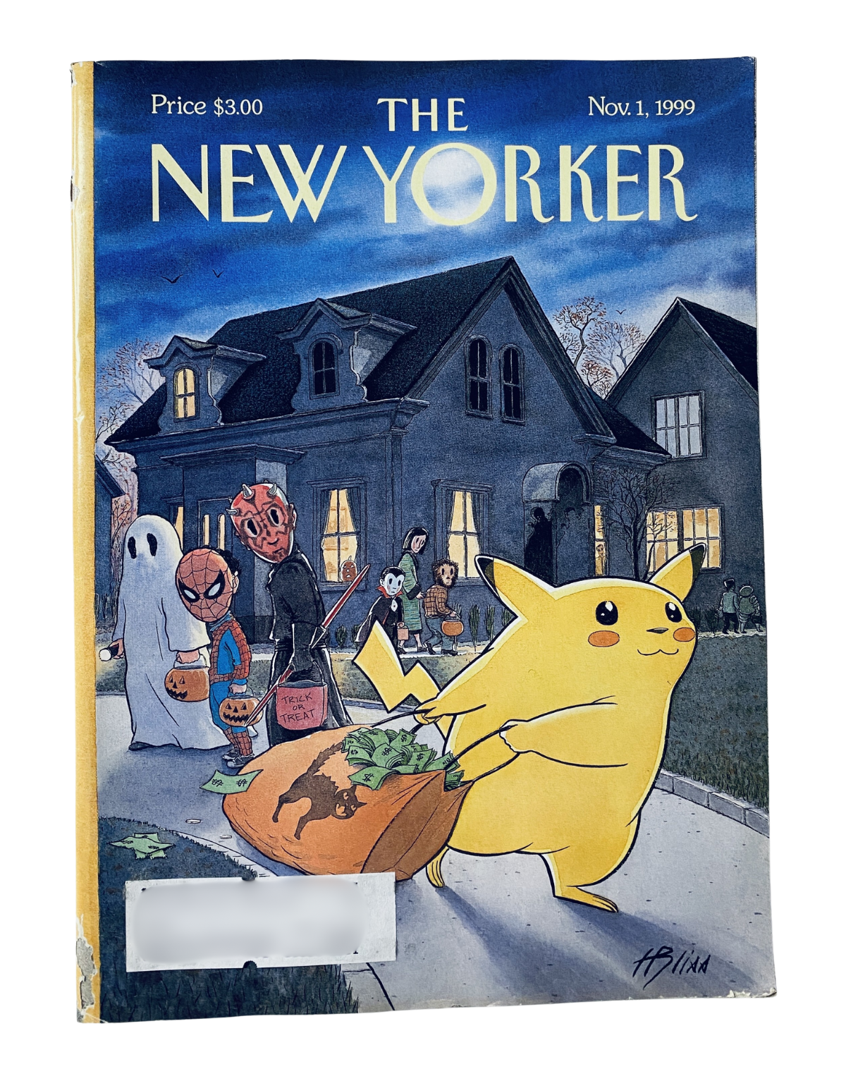 The New Yorker Magazine cover from November 1, 1999, featuring a Halloween theme with Pikachu and other characters trick-or-treating in a neighborhood setting, illustrated by Harry Bliss.