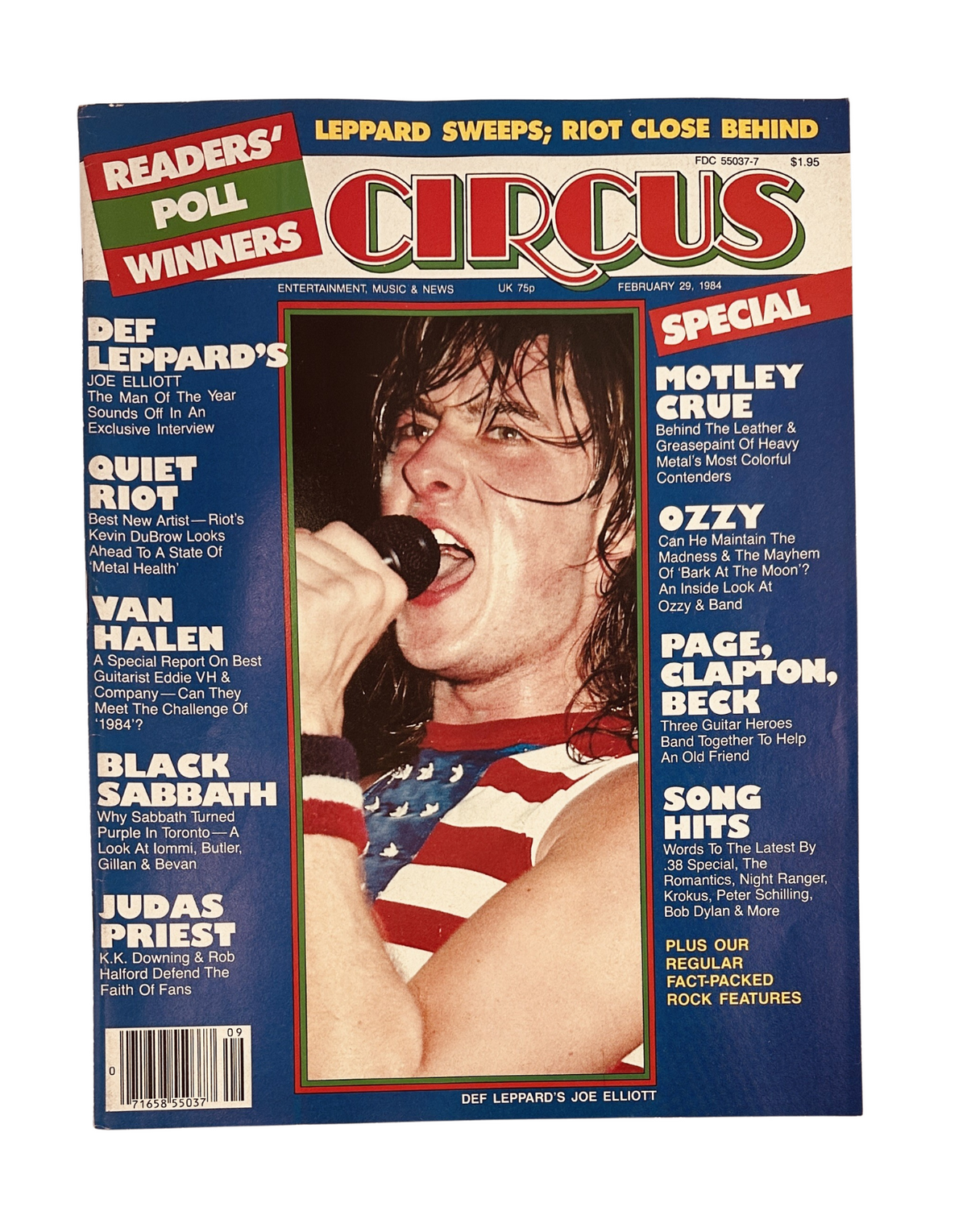 Circus Magazine cover from February 29, 1984 featuring Def Leppard's Joe Elliott, highlighting readers' poll winners including Quiet Riot, Ozzy Osbourne, and Mötley Crüe.