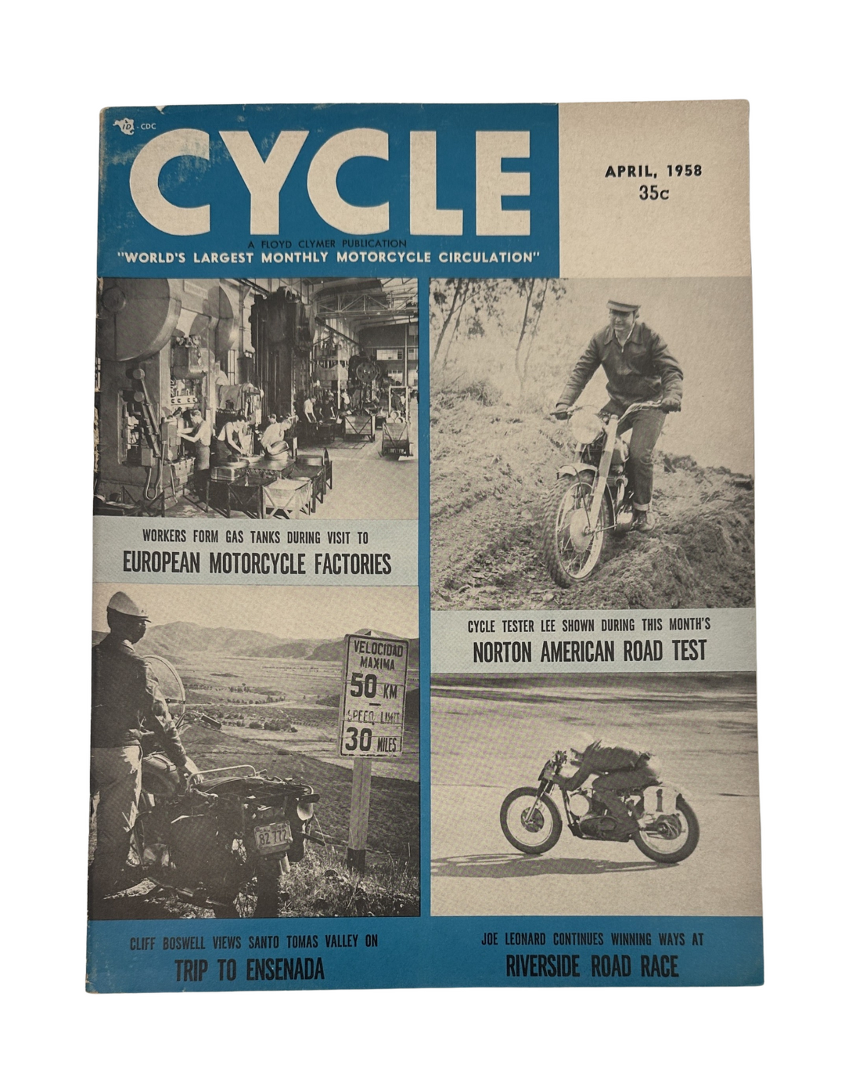 Cycle Magazine April 1958 cover featuring the Norton American Scrambler, depicting workers at motorcycle factories and a road test scene