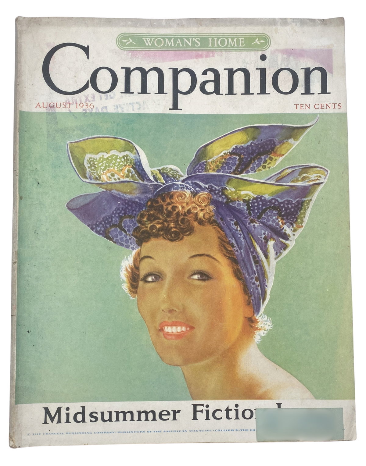 Woman's Home Companion Magazine August 1936 Midsummer Fiction Cover featuring a woman with a colorful headscarf and vintage hairstyle.