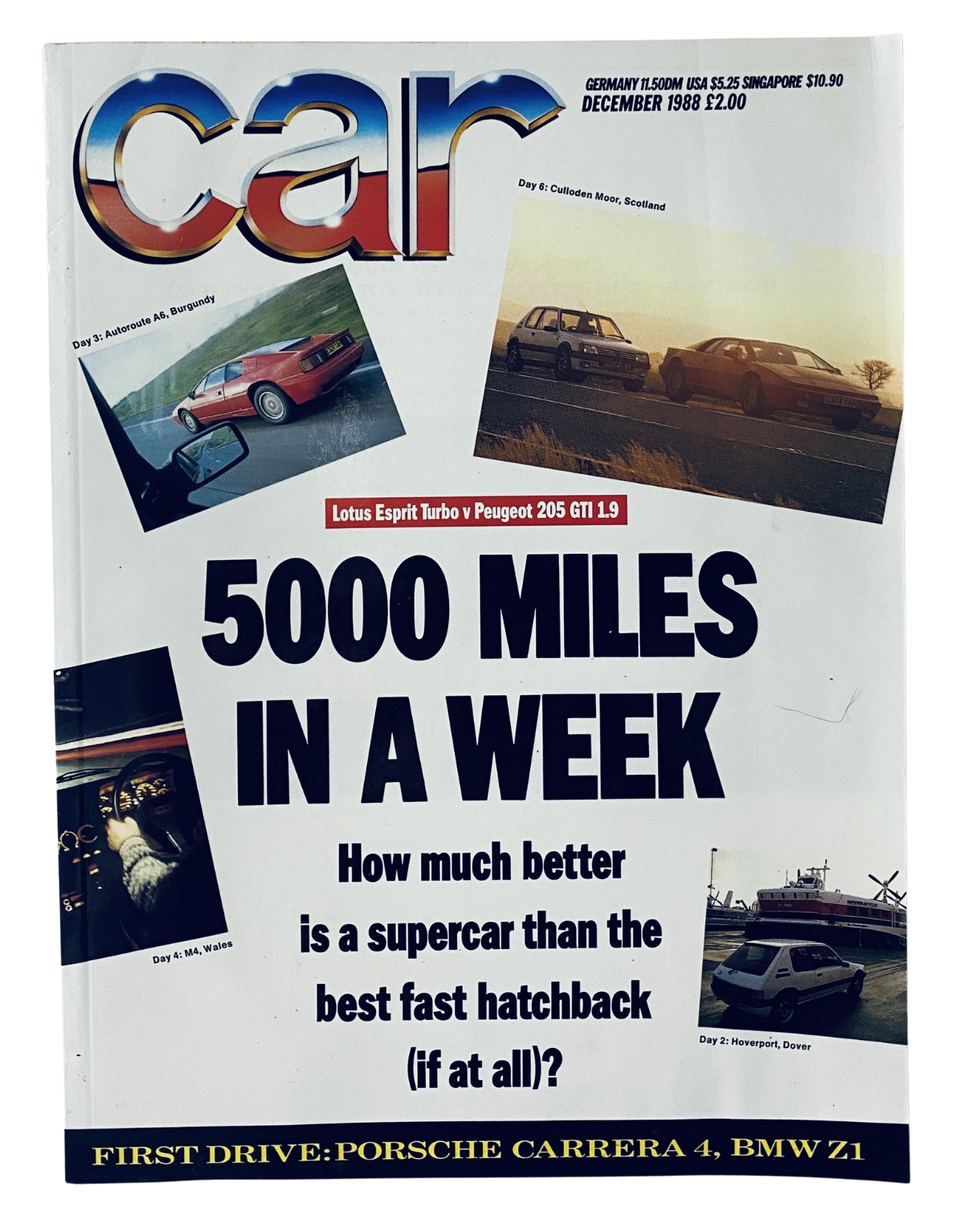 Cover of Car Magazine December 1988 featuring the title '5000 Miles in a Week' with images of Lotus Esprit Turbo and Peugeot 205 GTI.