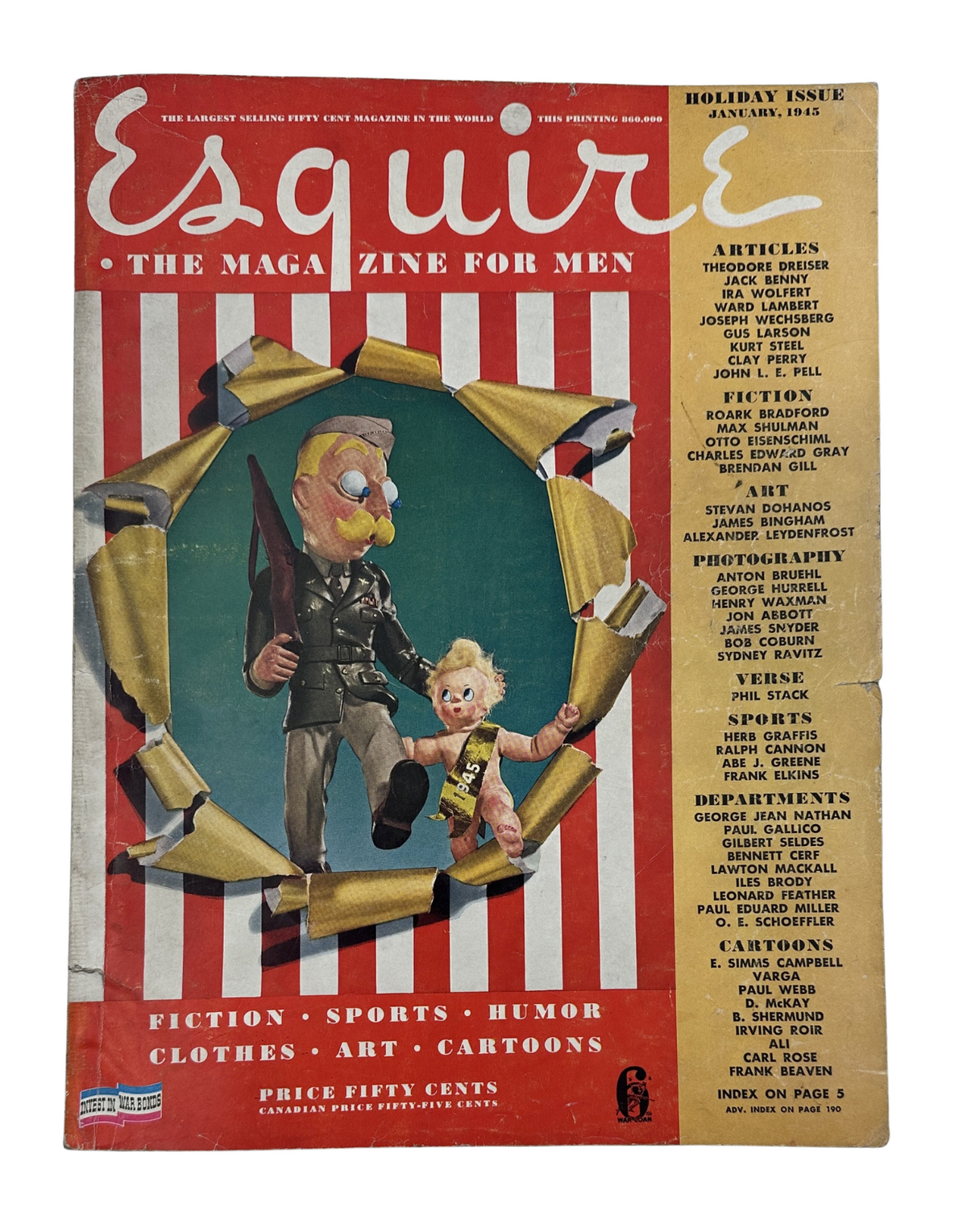 Esquire Magazine January 1945 cover featuring Varga Calendar Girls and WWII themes, showcasing colorful artwork with a vintage aesthetic.