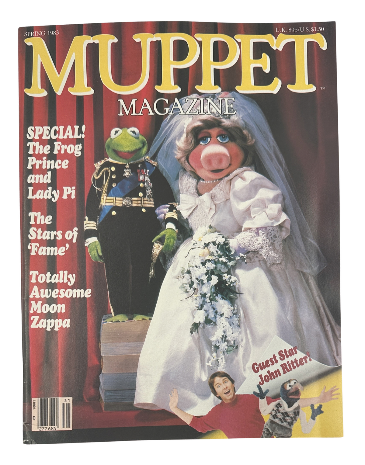 Cover of Muppet Magazine Spring 1983 featuring the Frog Prince, Lady Pig, and guest star John Ritter. Highlights include the upcoming articles on Moon Zappa and a special feature on 'The Stars of Fame.'