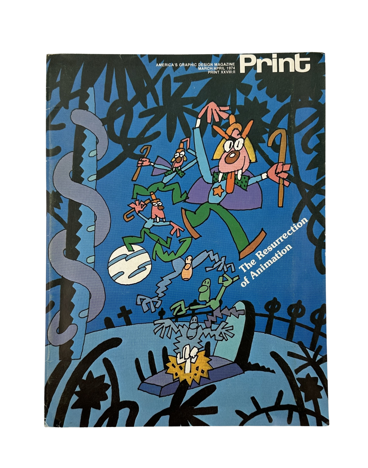 Cover of Print Magazine, March 1974, featuring animation theme artwork by Ralph Bakshi. Title reads: 'The Resurrection of Animation'.