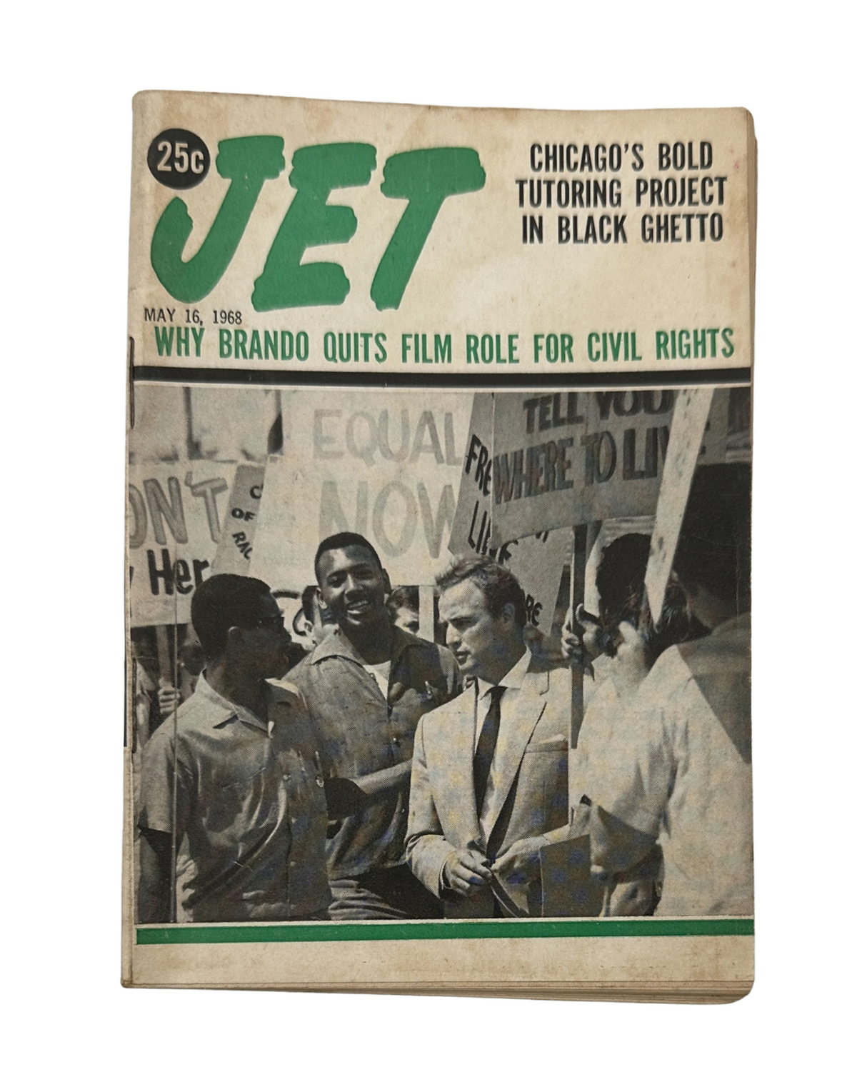 Jet Magazine May 16, 1968 cover featuring Marlon Brando, highlighting his stance on Civil Rights with a photograph of activists advocating for equality.
