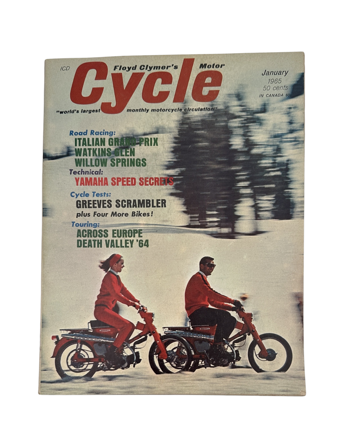 Cycle Magazine January 1965 featuring Yamaha Speed, Greeves Scrambler, and Italian GP on the cover, showcasing two riders on motorcycles against a snowy backdrop.